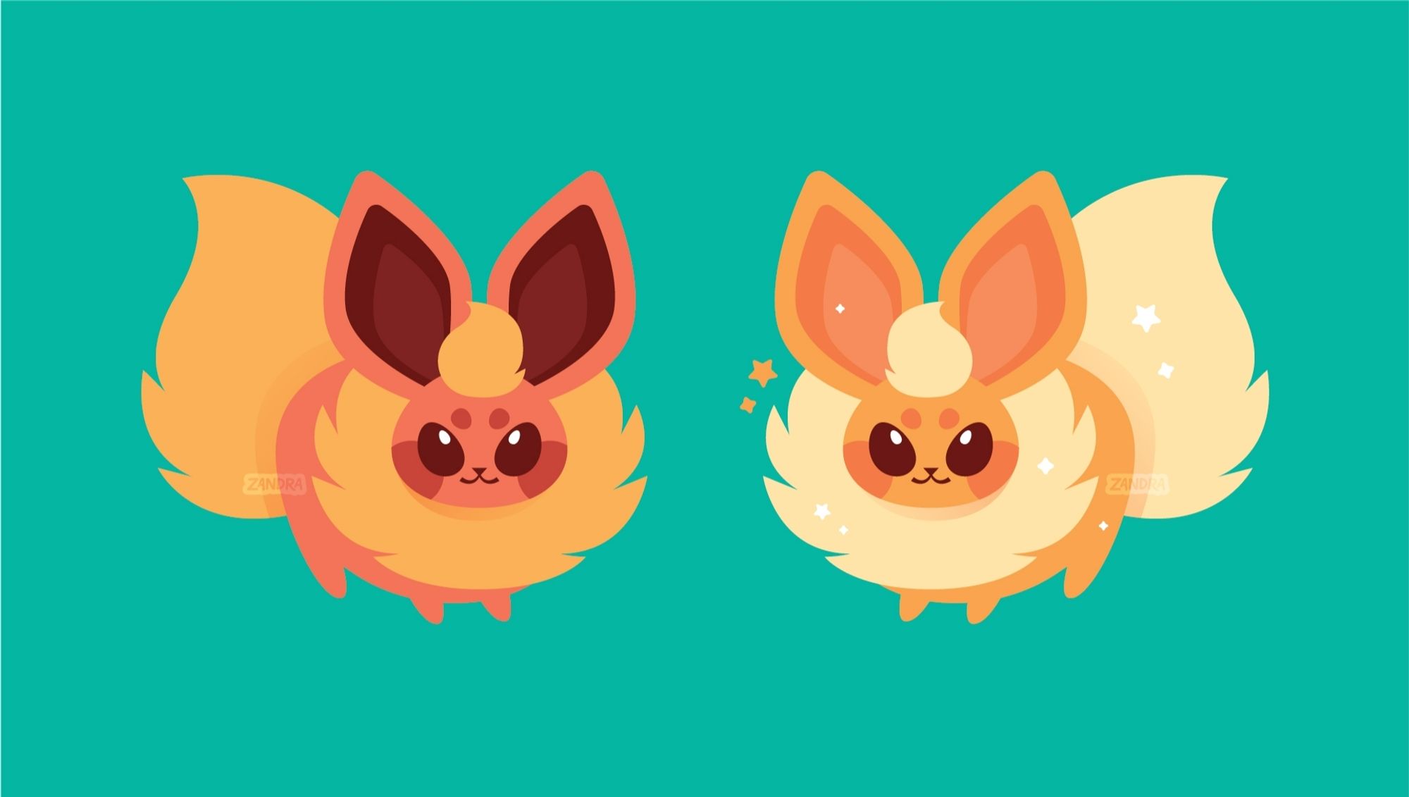 A stylized illustration of the pokemon Flareon. On the left is Flareon in the usual colorway and on the right is Flareon's shiny color palette.