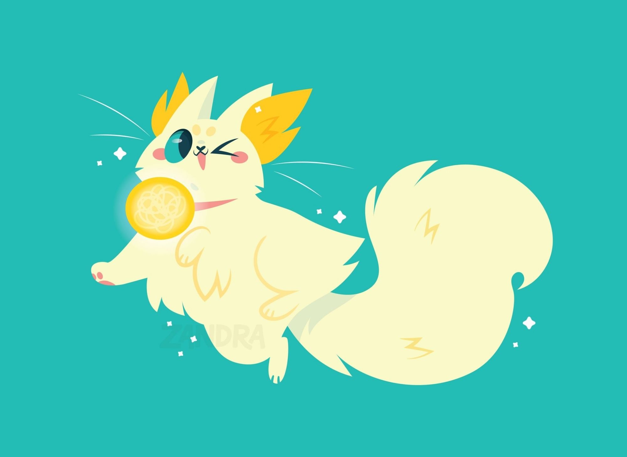 A stylized illustration of Daffodil from the game Spiritfarer on a teal background surrounded by sparkles