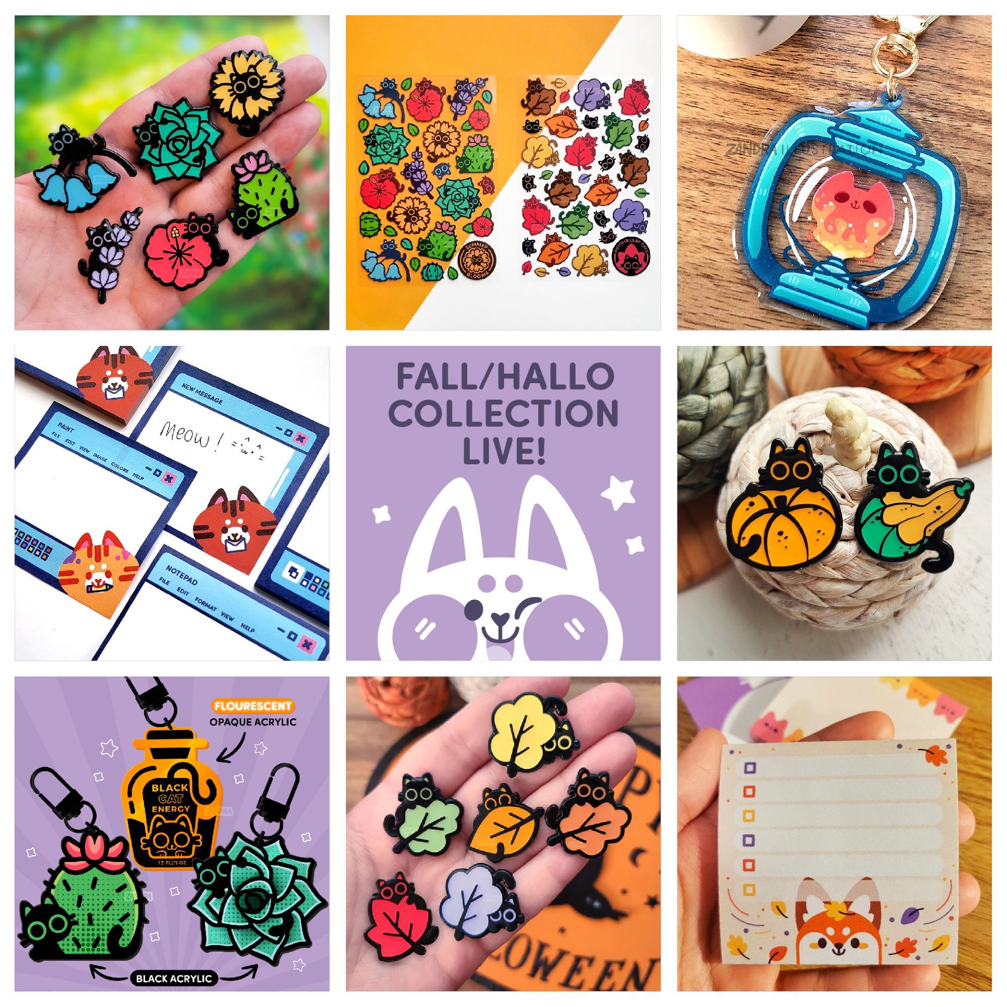 A three by three grid of squares on a graphic. Each square features a different item available for sale in the most recent shop update from Zandra Illustration. In the center square, a winking cat illustration is seen with text above its head reading "Fall/Halloween Collection Live"