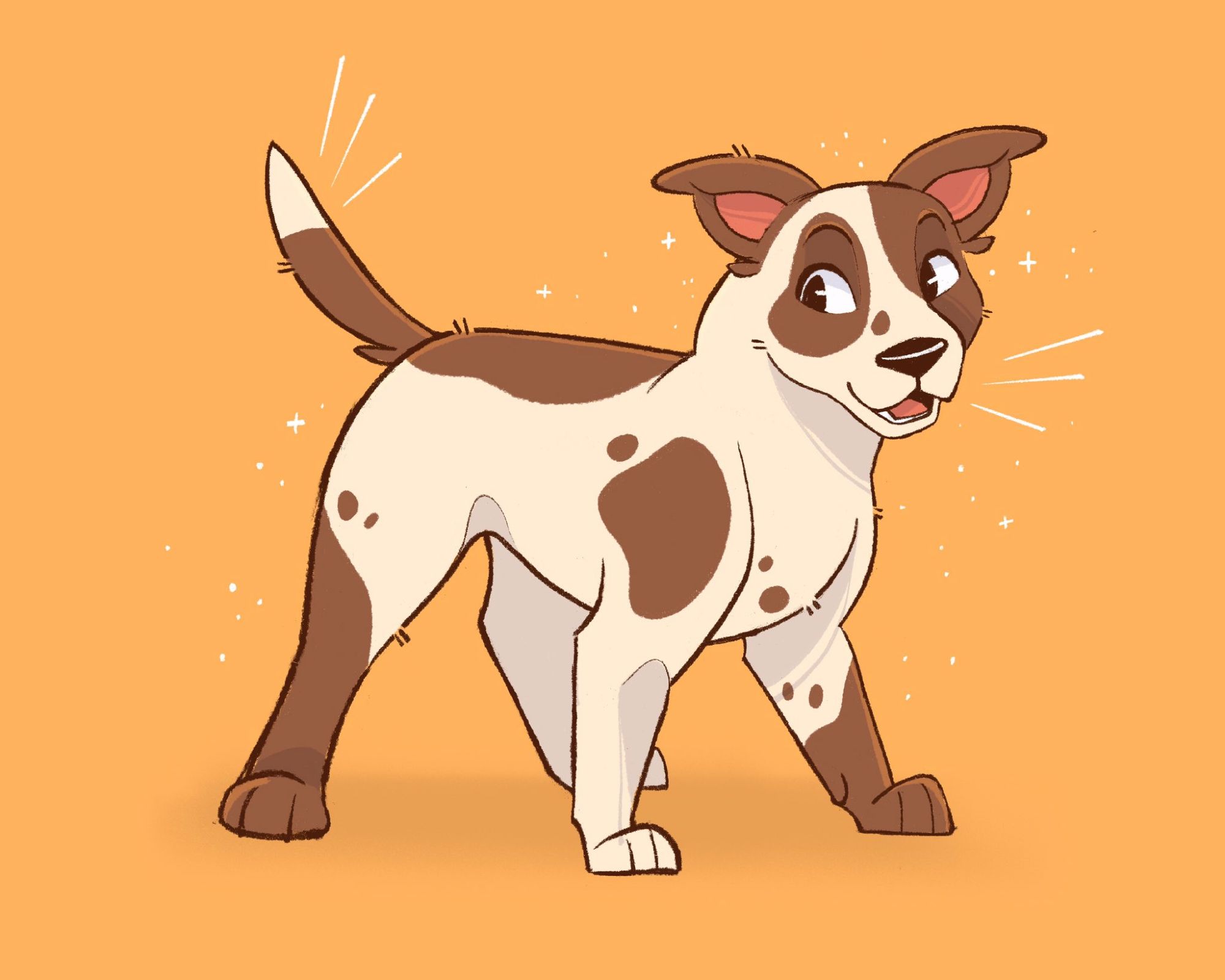 A colored sketch drawing of an off-white dog with brown spots and half-floppy ears. Reminiscent to Wishbone or the dog from Little Rascals. Pastel Orange background.