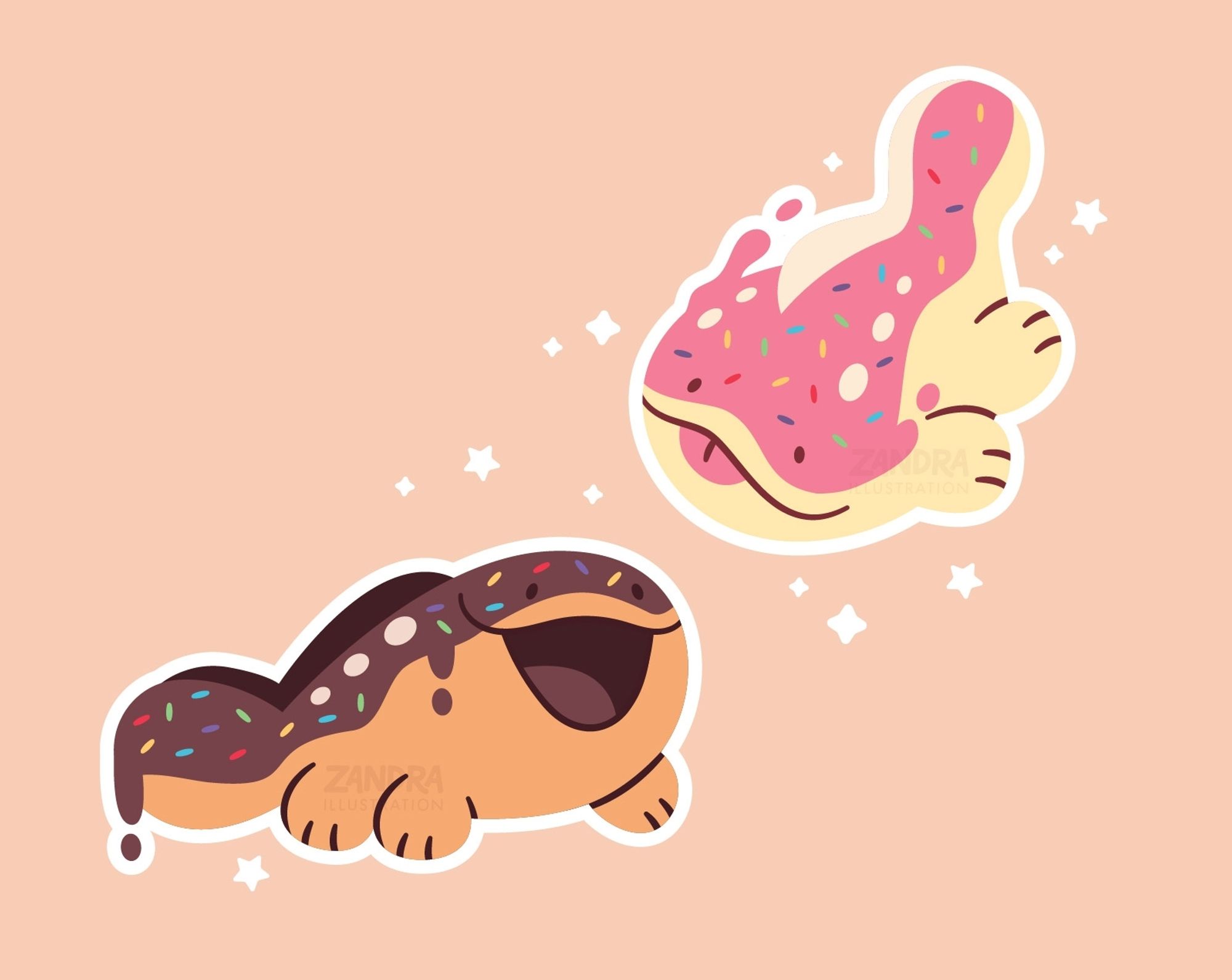 A stylized illustration of the pokemon Clodsire designed to look like a chocolate sprinkle and strawberry sprinkle donut on a peach background surrounded by sparkles