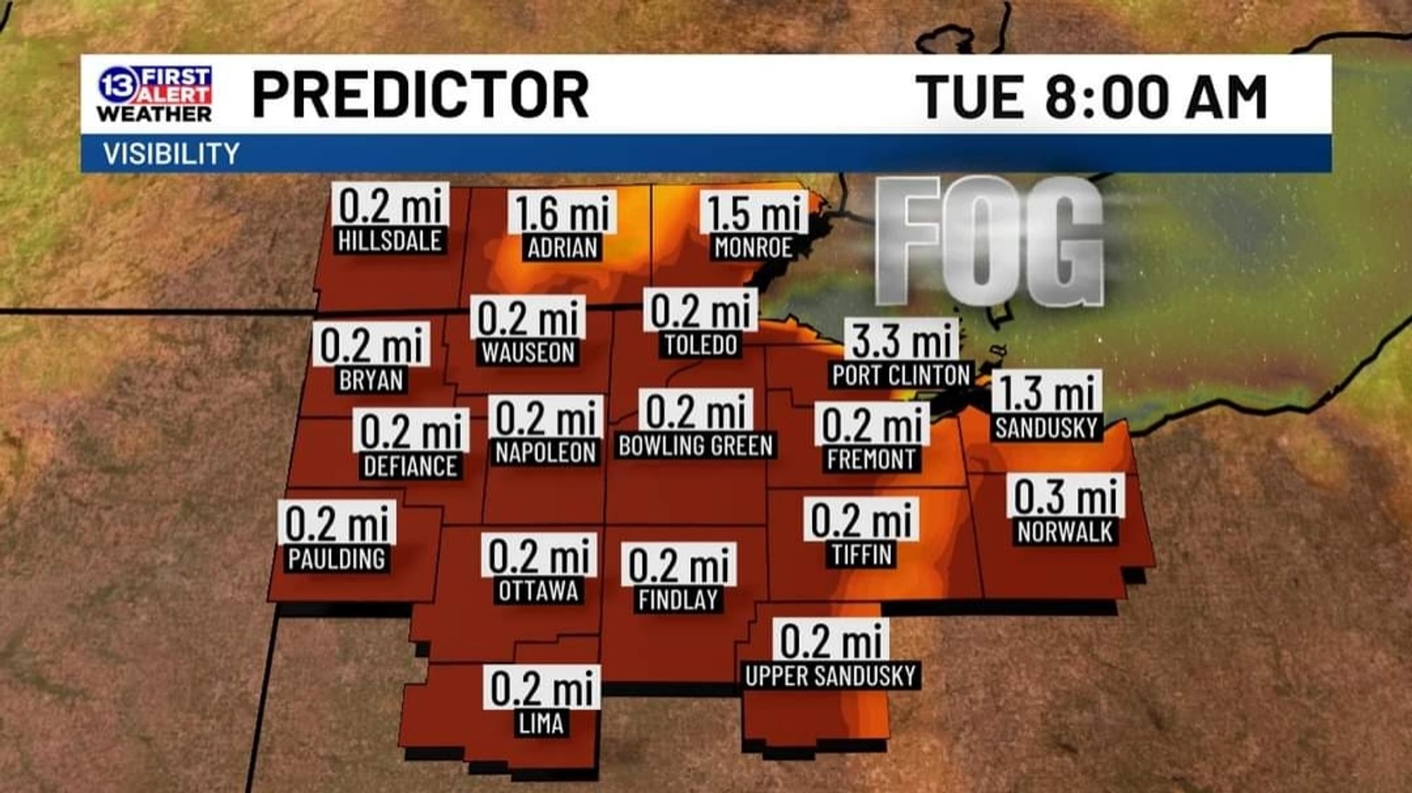 Visibility forecast for northwest Ohio and southeast Michigan, 8am Tuesday (10/1/24).