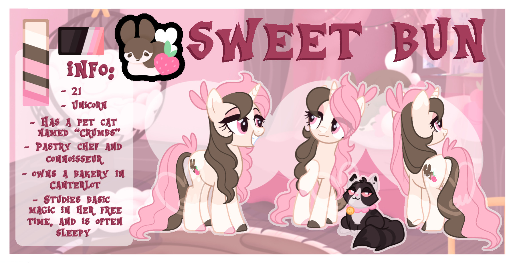 A reference sheet of my My Little Pony: Friendship is Magic ponysona Sweet Bun. It includes 3 poses of her to show what she looks like at all angles. On the left side includes her color palette and character description. Oh! And her cat Crumbs is also included on this reference sheet.