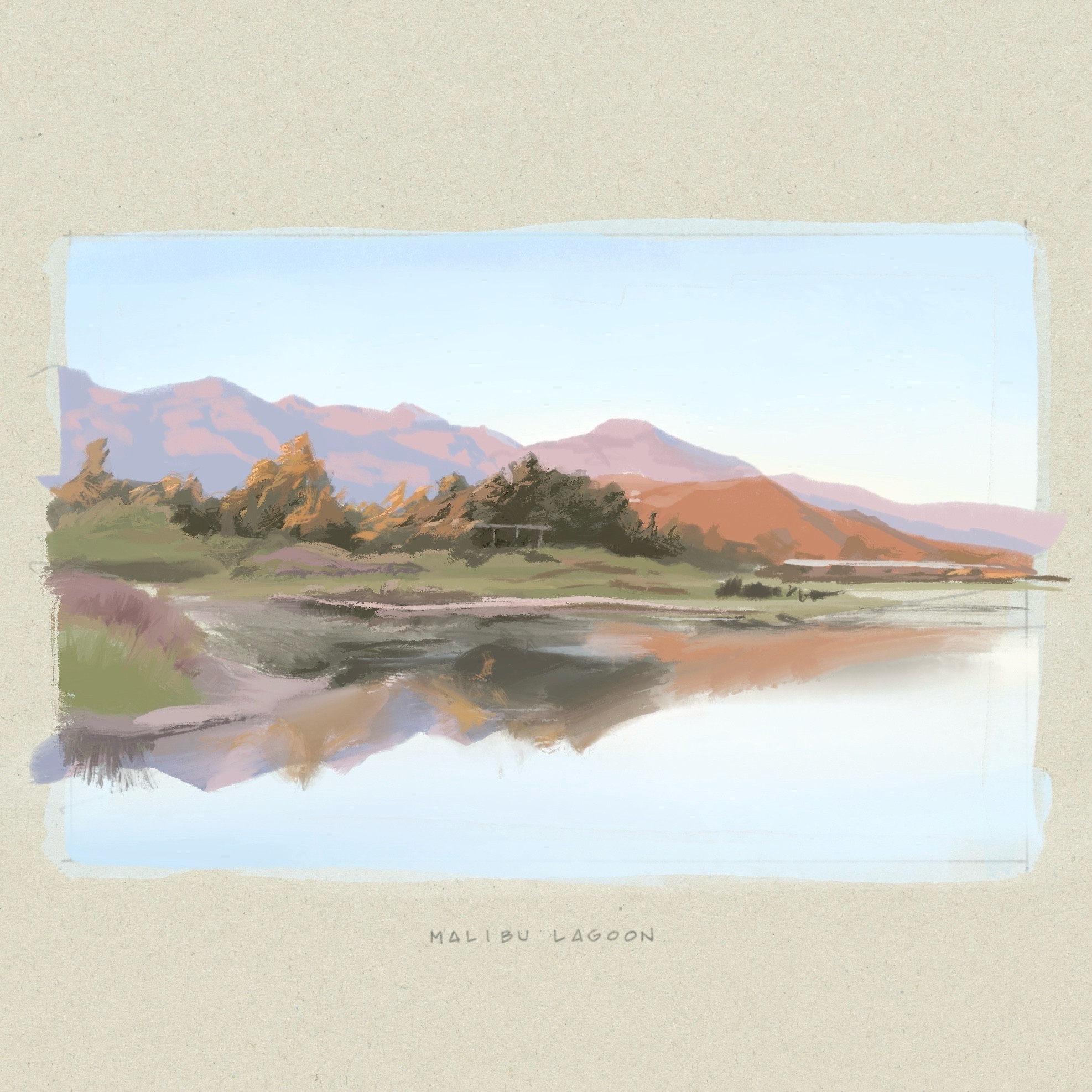 This image depicts a digital painting of the Malibu Lagoon, inspired by Impressionism. The foreground contains calm water, reflecting the sky and rest of the scene. The middle ground shows warm-toned trees and foliage, common for the Mediterranean climate in Malibu. The background features large, distant mountains in cool tones, and a clear sky with a soft gradient from warm to cool, as if it is nearing sunset. 