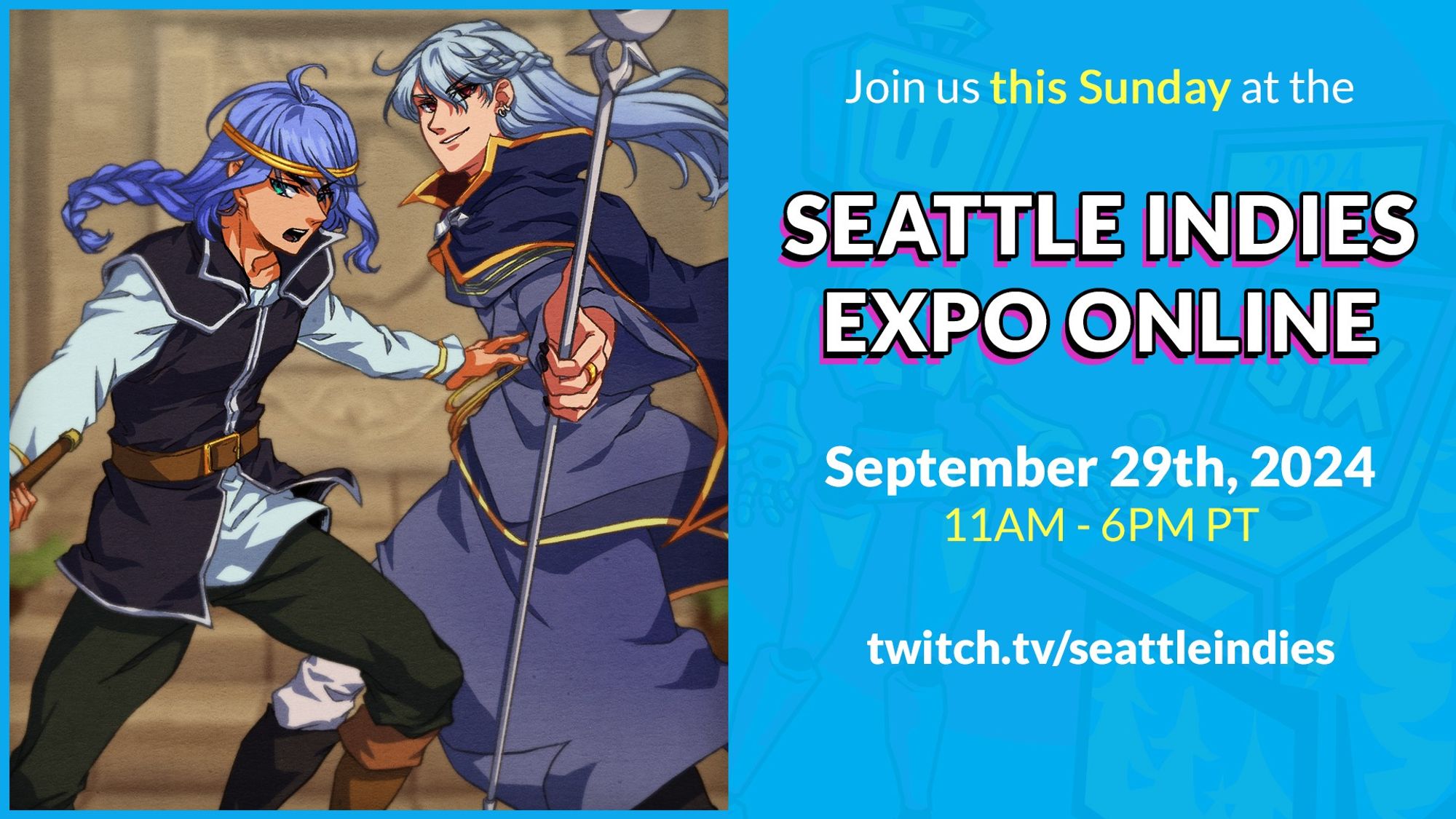 On the left, a light blue background with white and yellow promotional text: "Join us this Sunday at the Seattle Indies Expo Online - September 29th, 2024 11AM to 6PM Pacific Time - twitch.tv/seattleindies".
On the right, a promotional image of Oliver and Azel, Oliver with his deep blue, braided hair, dark tunic, belt and pants, and Azel with his flowing pale hair, staff and decorated blue robes and cloak.