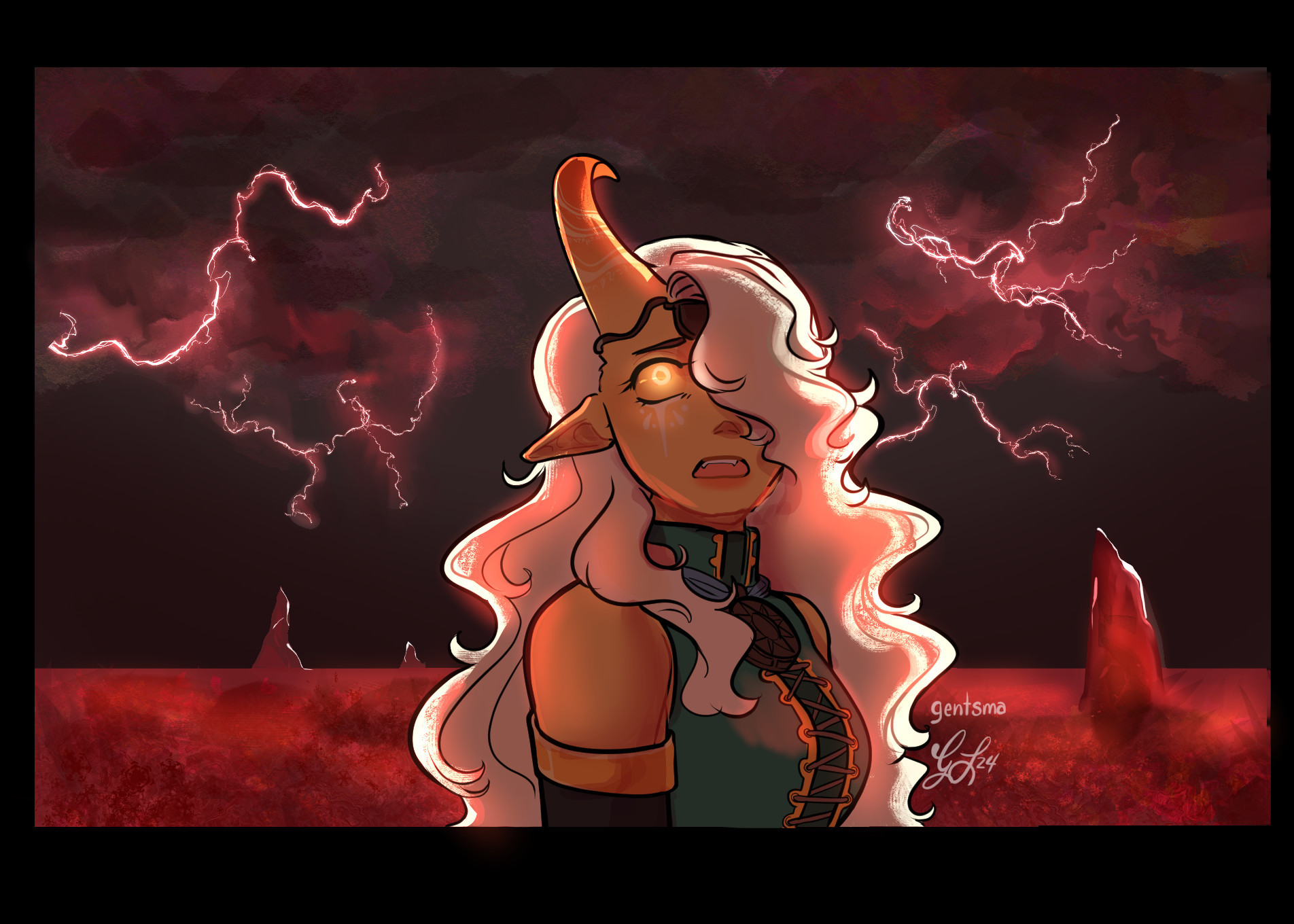 Sunny the Tiefling Wildfire Druid in a Dread Domain. A flat expanse of Ruby with the occasional sharp outcropping. The sky is dark with clouds and sparks with red lightning. Sunny wears an expression of shock & and concern.