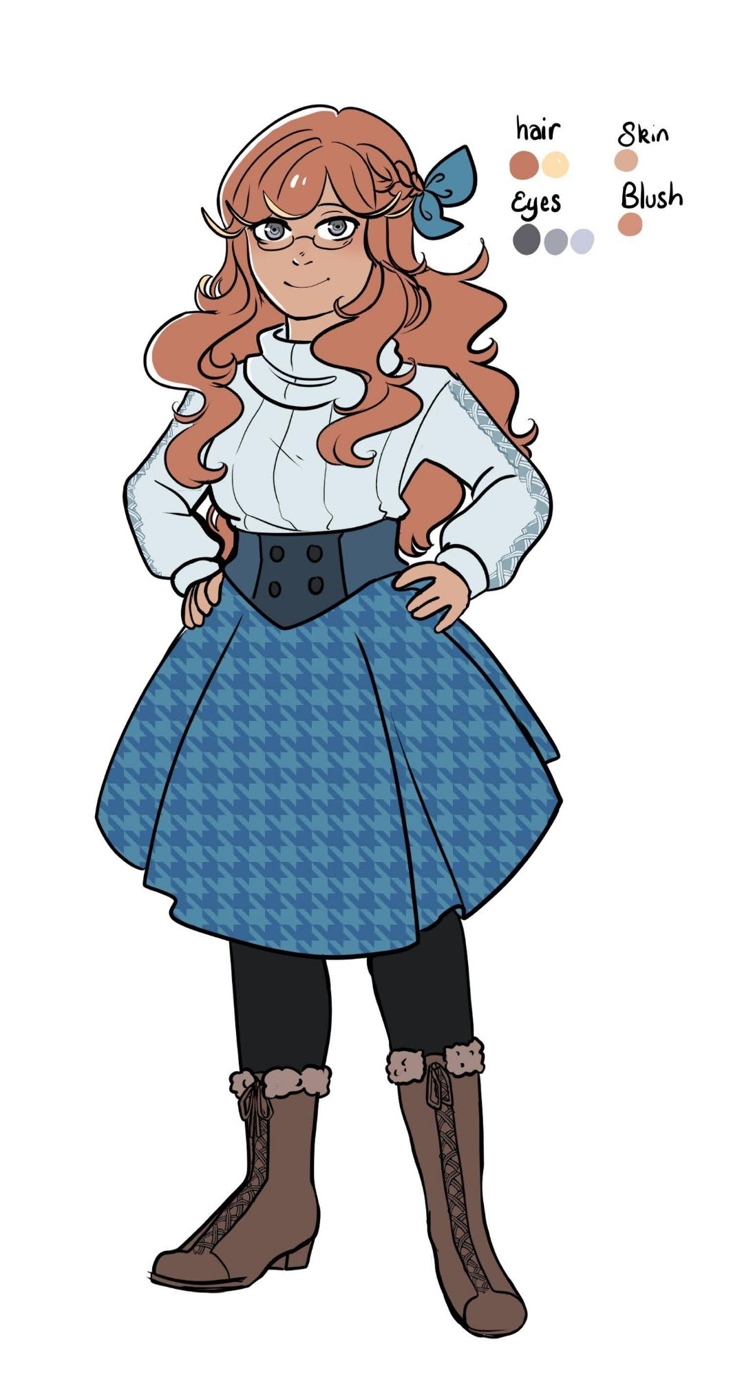 Ikeda Yoshi. A short woman with curly ginger haired girl, grey eyes, and glasses. She stands with her hands on her hips and wears a knit sweater with a high-waisted, pleated circle skirt. She wears calf height brown laced boots that are rimmed with fur at the top.