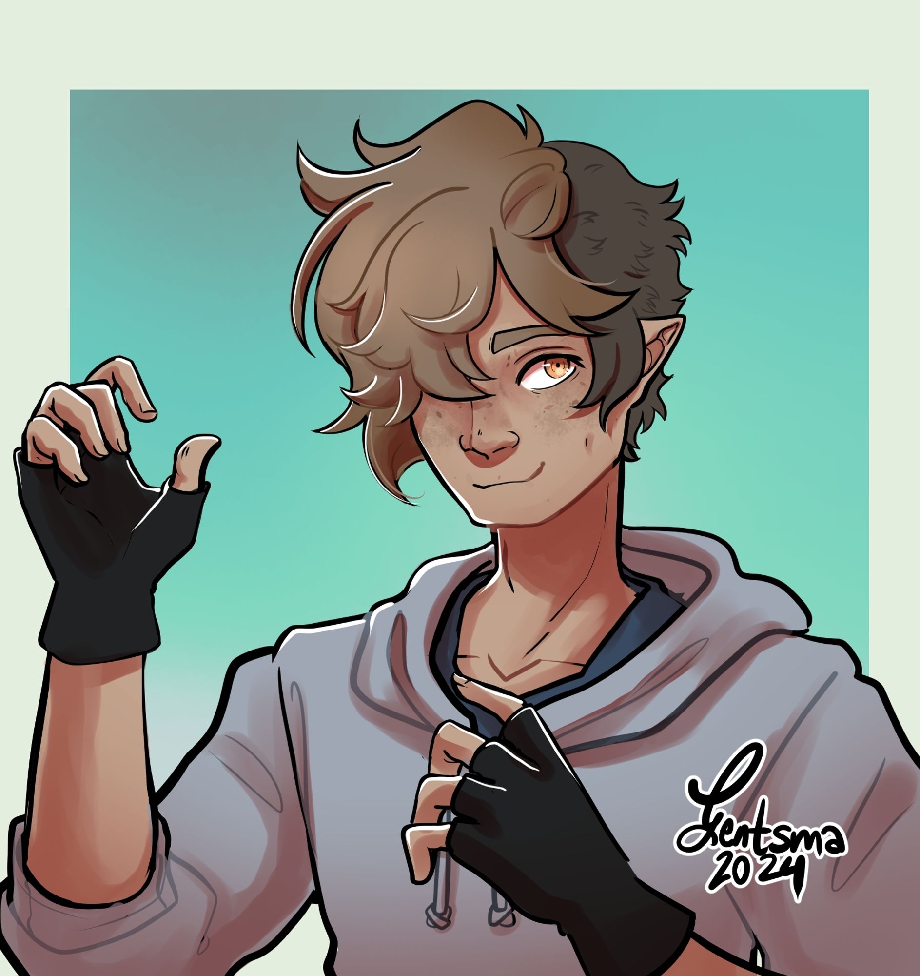 A drawing of a boy with messy hair that is longer in the front, covering one of his eyes, and very short in the back. His hands are up in front of him, ready for a grapple or redirection. He wears a simple grey hoodie and fingerless gloves.