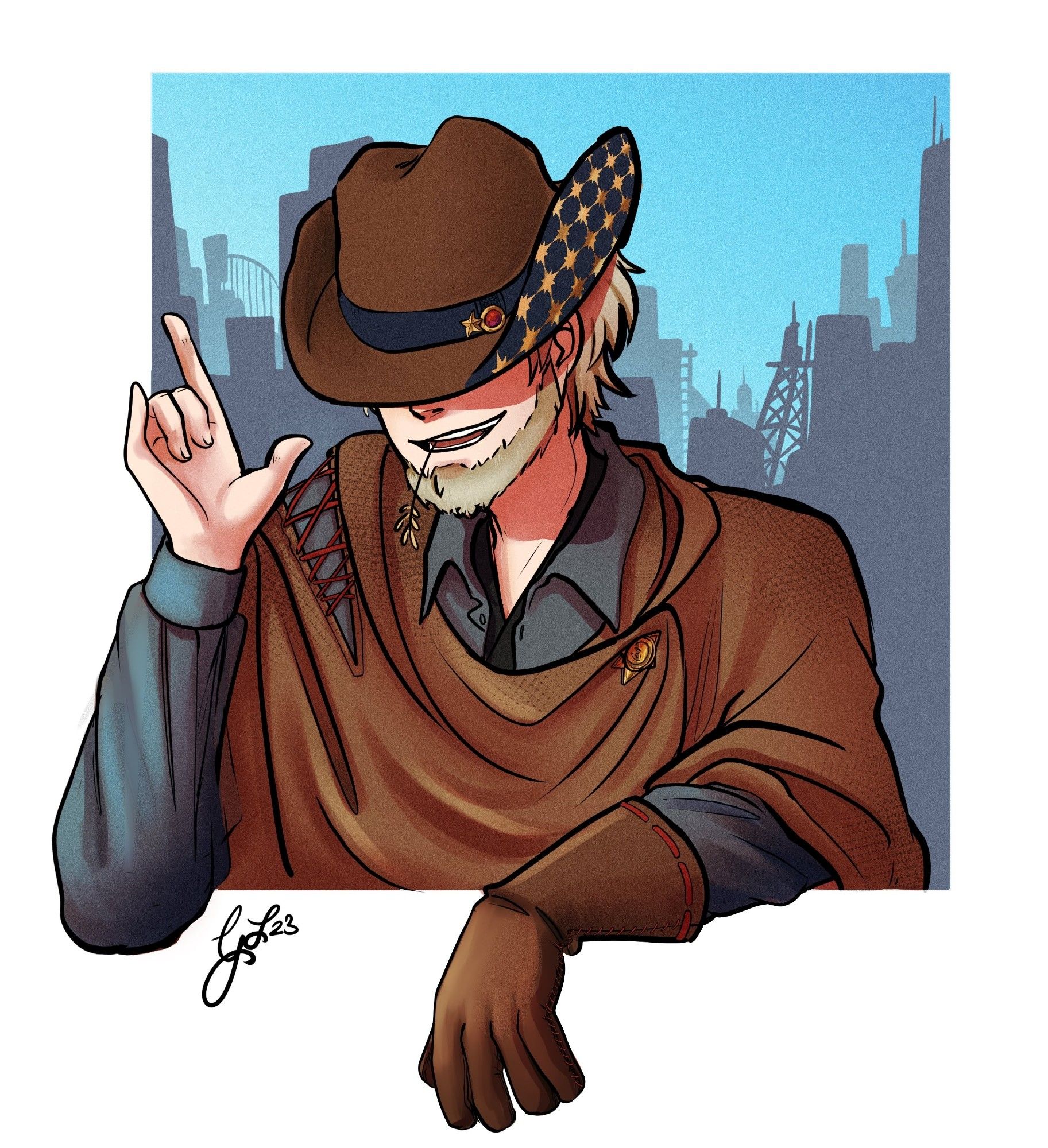 Blake the Beast Master. A sandy-blond haired man with a cowboy hat and a poncho wears a similarly colored leather glove on his left hand. The upper half of his face is hidden and shaded by the hat - which is decorated blue with gold star patterns on the underside. A cityscape stretches behind him.