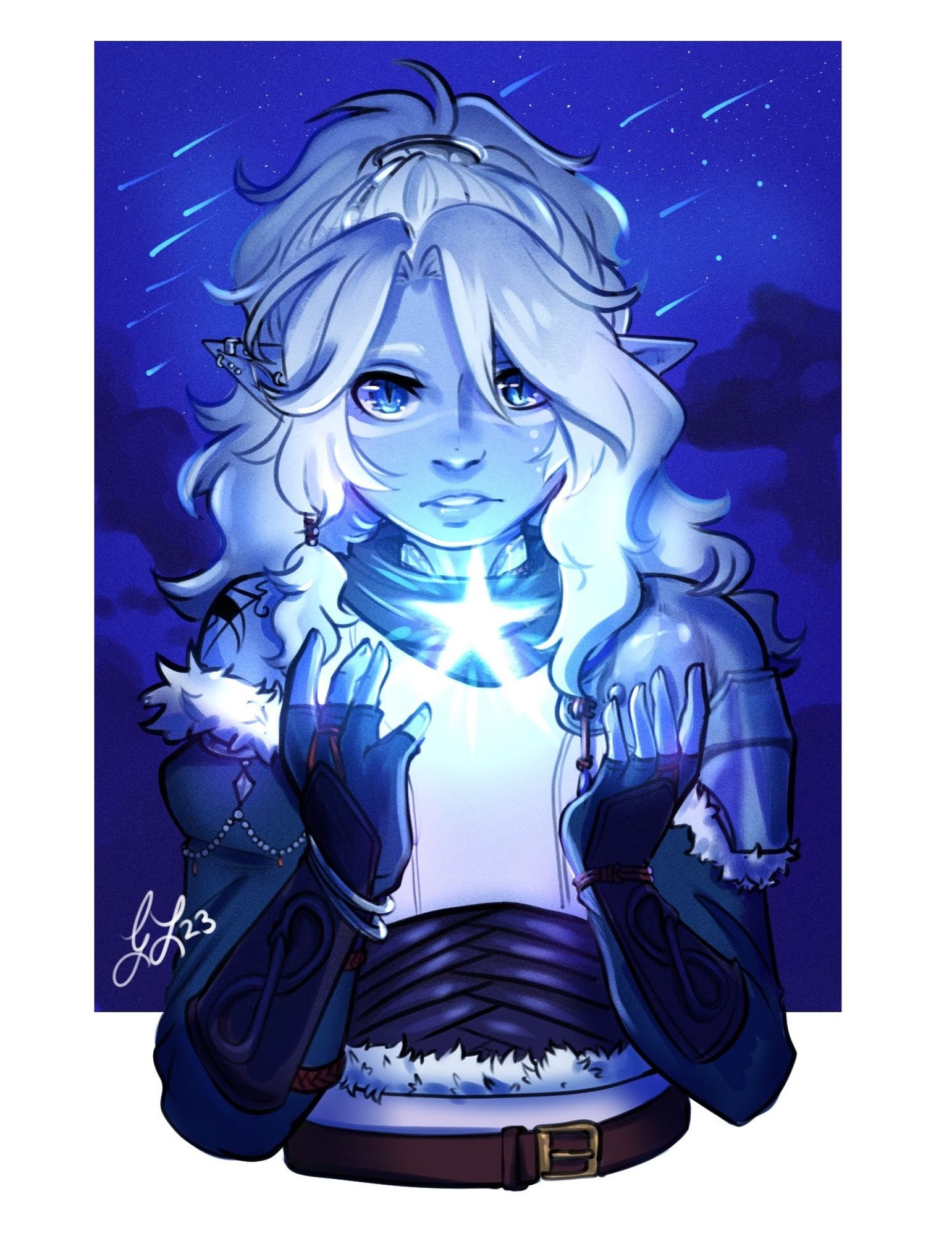 A commission piece of Bruxha for @/rodeo raccoon. A blue elvish woman with fluffy white hair pulled back into a ponytail holds a star between gloved hands like she has acquired something rare and precious. The sky behind features a meteor shower.