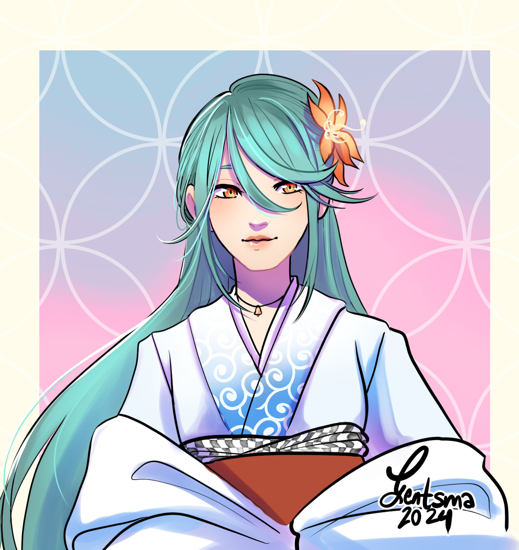 Day 25: A drawing of a young woman in a white kimono. She has long, smooth aqua-colored hair, with wispy bangs. An orange flower rests in her hair.