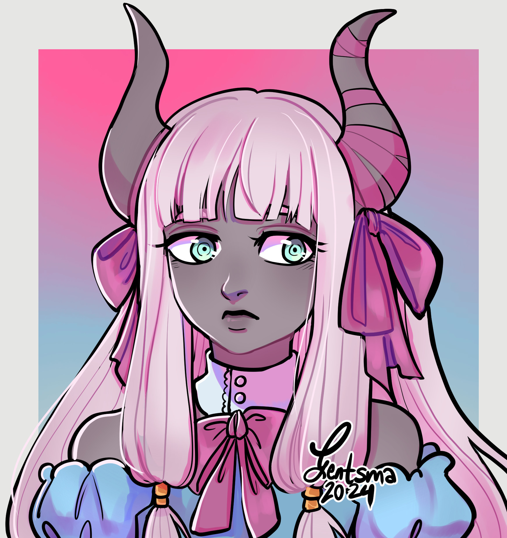 A drawing of a Grey Tiefling girl, with pale pink hair. Her horns are decorated with ribbon and she wears a puffy dress with a bow on the collar.