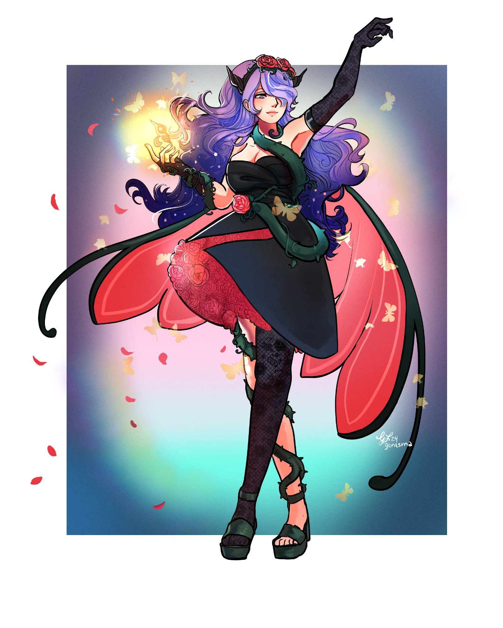 Princess Camilla of Fire Emblem: Fates. A woman with long wavy purple hair struts confidently. In her right hand she holds a ball of magic. She is adorned with a crown of roses with two outcroppings like devil horns. Her black dress is a sweetheart cut, with a slit up the side to reveal bunches of roses underneath. One leg is covered by lacy black tights, while the other has a thorny vine that trails up around the dress. A cloak shaped like fairy wings flairs out behind her. Flower petals and magical moths are scattered about.