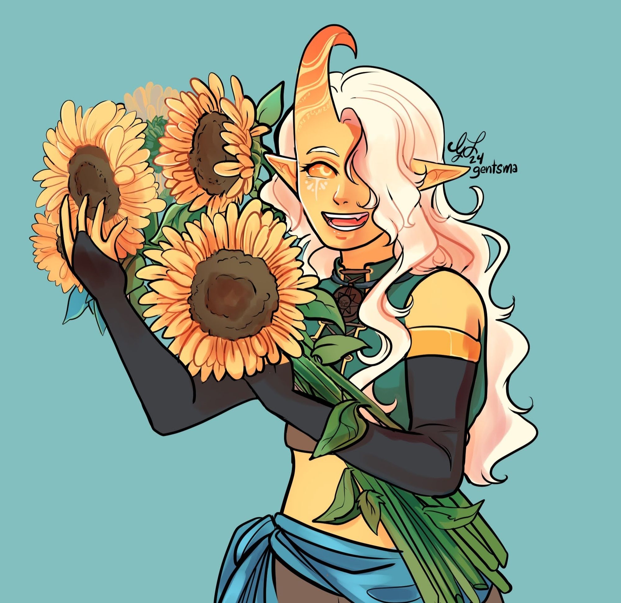 Sunny the Tiefling WildFire Druid. A woman with pointed ears, yellow skin, pale-Blonde curly hair, and a single horn jutting out of the right side of her forehead. Her sclera & pupils are orange with yellow-white irises. She wears a laced up crop top and fabric wrapped and tied at her waist. Sunny holds an armful of sunflowers and looks at the viewer joyfully as if she'd just received a gift.