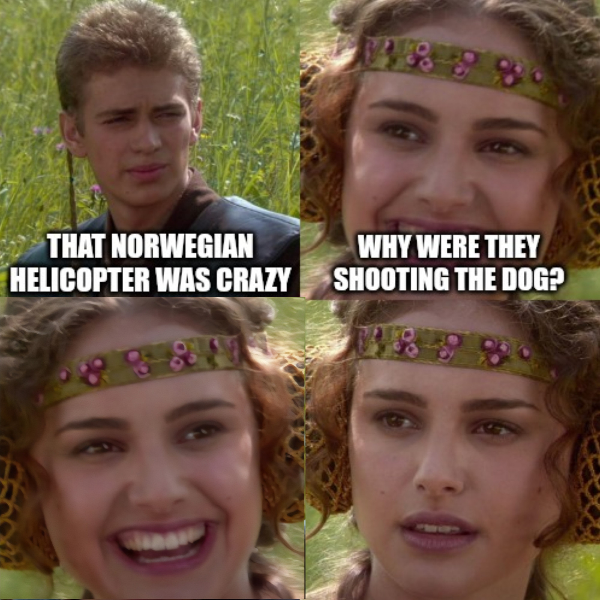The padme meme. Anakin says "that Norwegian helicopter was crazy", Padme says "why were they shooting the dog?". Third and fourth panel are just Padme, assimilated