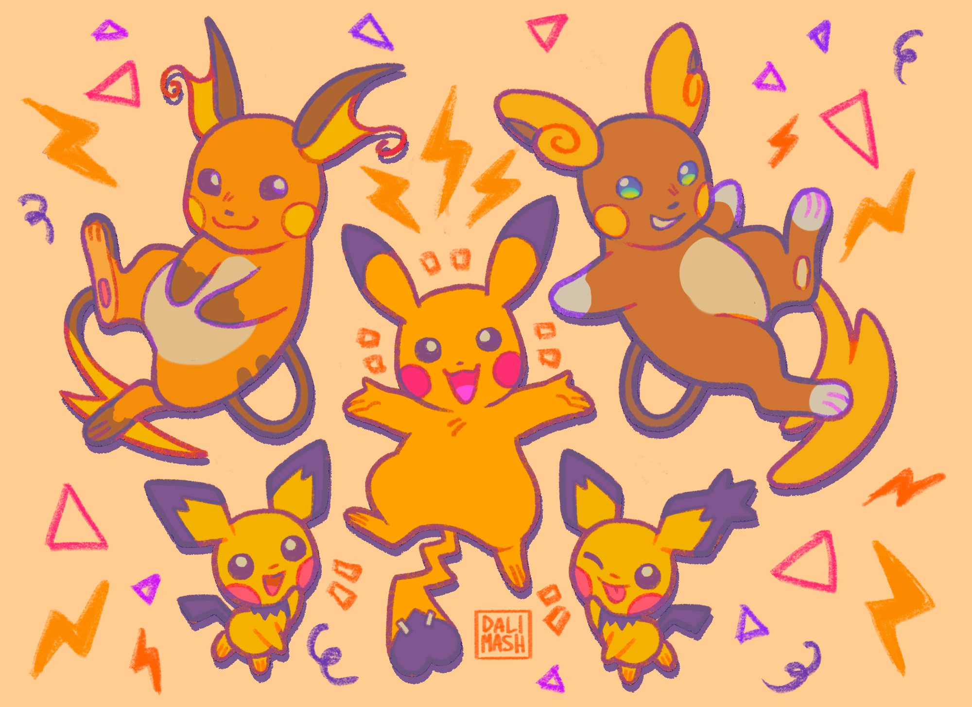 art of pikachu, two pichus, raichu, and alolan raichu looking happy!