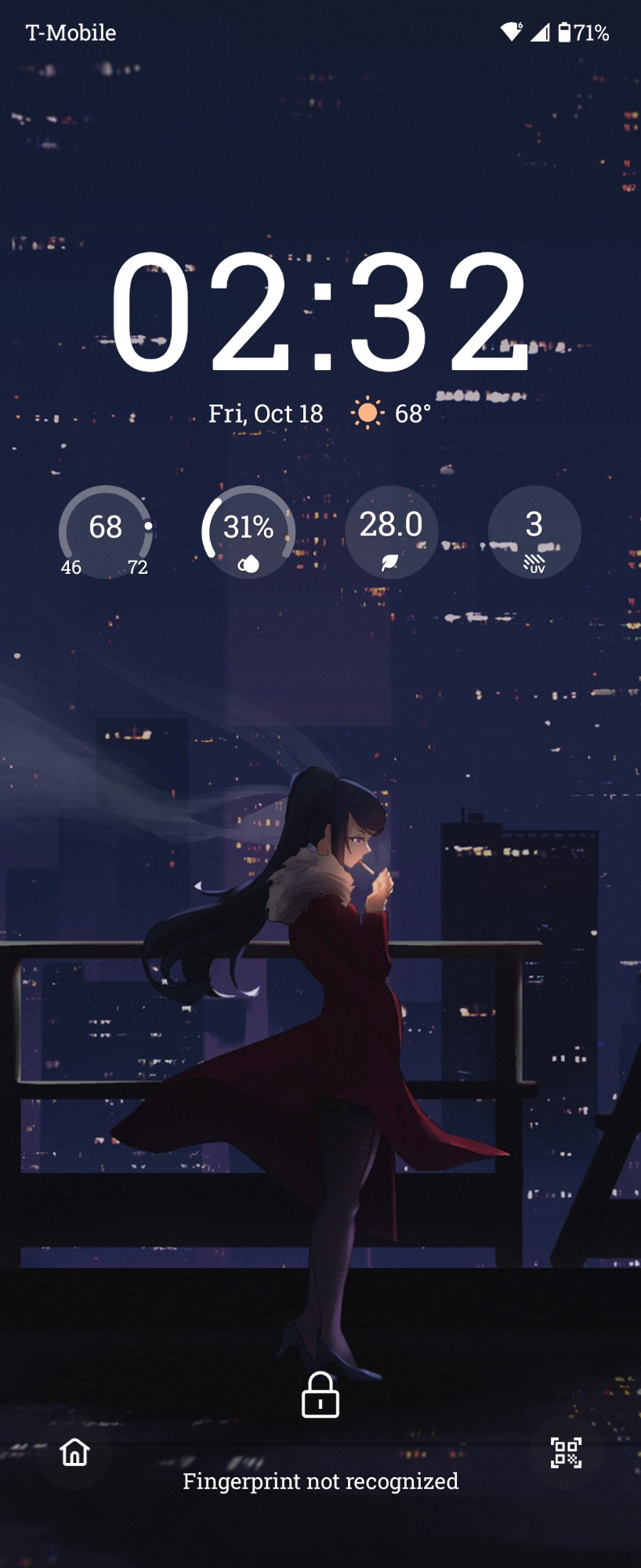 The lock screen of my phone, with a wallpaper of Jill Stingray from VA-11 HALL-A. She's seen walking to the right against a night cityscape while lighting a cigarette.

The source of the image is https://www.pixiv.net/en/artworks/121570321