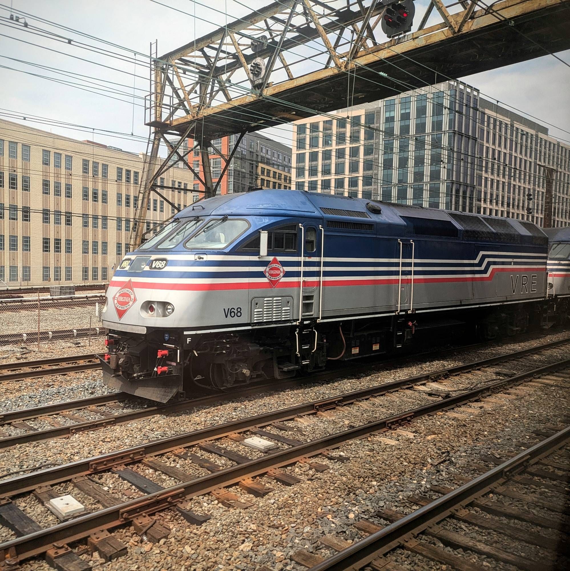 VRE commuter train as it approaches DC's Union Station.