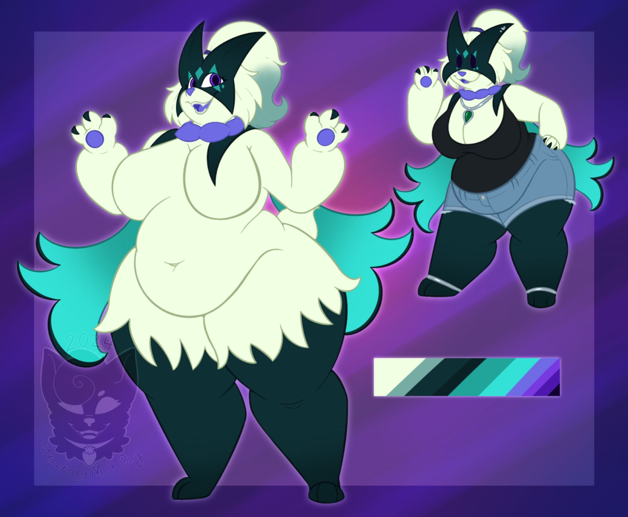 A reference sheet/character design for Koko of a meowscarada!