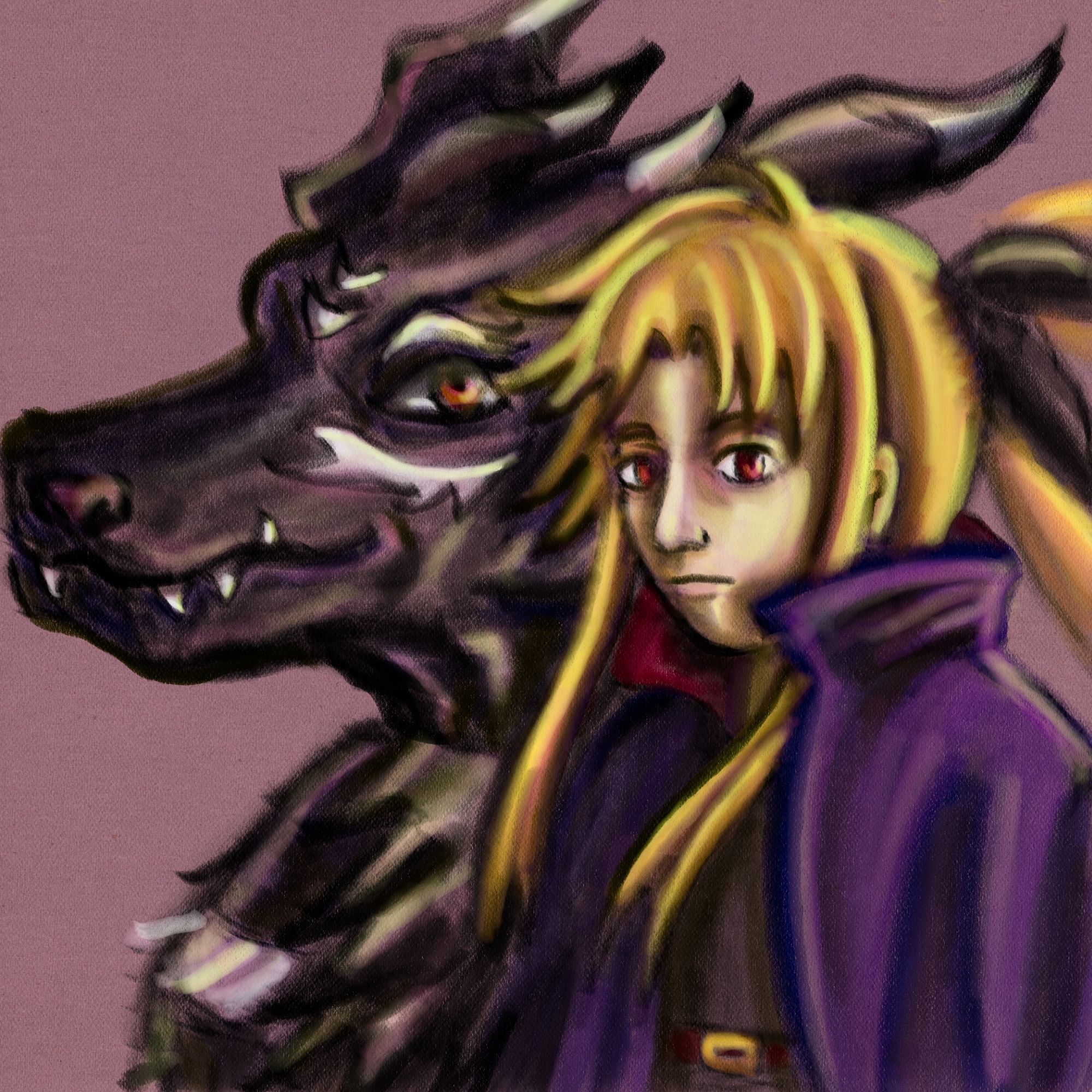 Fully colored digital pastel drawing of Fate Testarossa with a Garurumon (Black) . Garurumon is placed towards the left edge, facing left in 3/4, smirking and looking towards the viewer. It stands behind Fate, who has a serious and morose expression and ashen complexion. She's wearing her battle barrier that consists of her double-sided purple cape with a red inside and black top. The cape fades a little into Garurumon. The background is a desaturated wine color and the lighting looks somber.