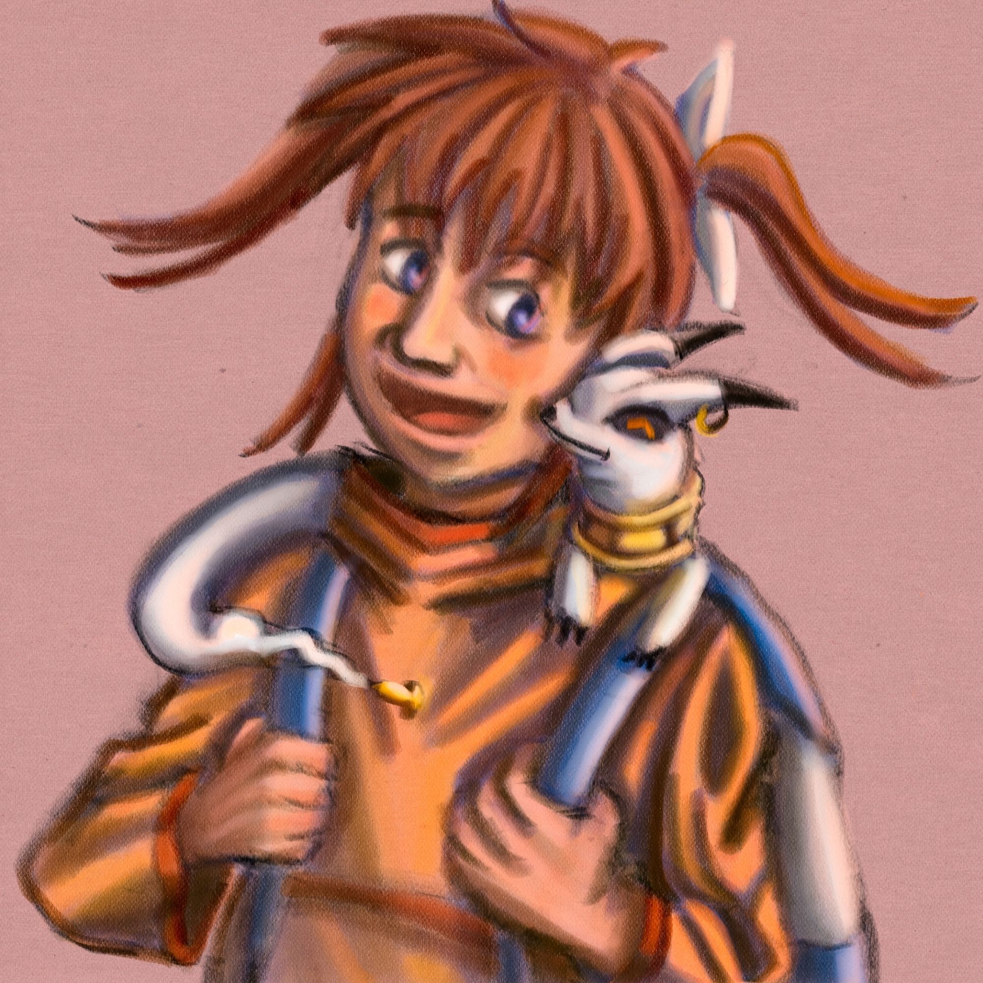 Fully colored digital pastel drawing of Takamachi Nanoha with a Kudamon resting on her shoulders. Nanoha is beaming while holding onto the straps of the blue backpack she's wearing. Kudamon is also smiling with its visible eye closed and curled affectionately around Nanoha's shoulders and touching her cheek with its nose. Nanoha is wearing her orange sports jacket and white ribbons om her ponytails. The background is a soft light pink and the lighting is bright.