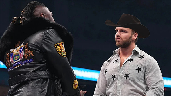 Hangman Adam Page and Swerve Strickland, standing in the ring, photographed from behind Swerve, who's wearing a black leather coat with a oversized fur collar. Hangman is wearing a light blue pearl snap with black stars on it. A dark brown cowboy hat is photoshopped onto his head. 