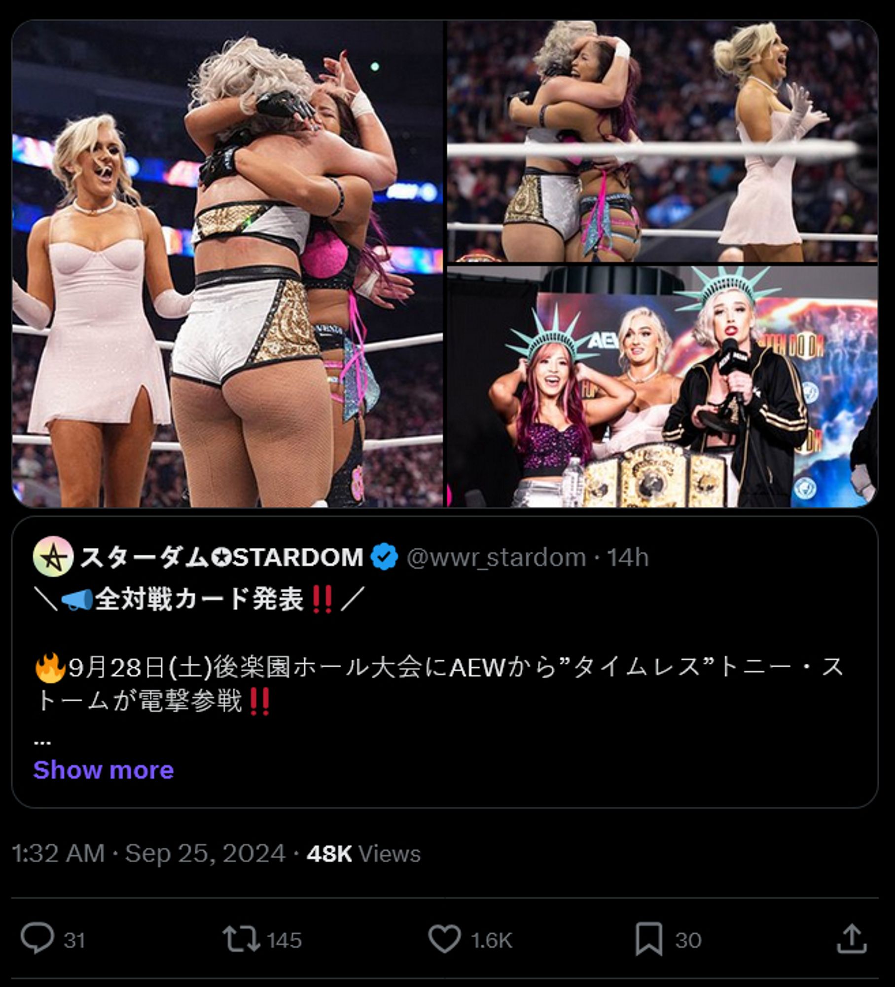 Three photos of Toni, Mina, and Mariah at Forbidden Door hugging and celebrating, quote tweeted is a Stardom tweet about the upcoming appearance of Toni in Stardom.