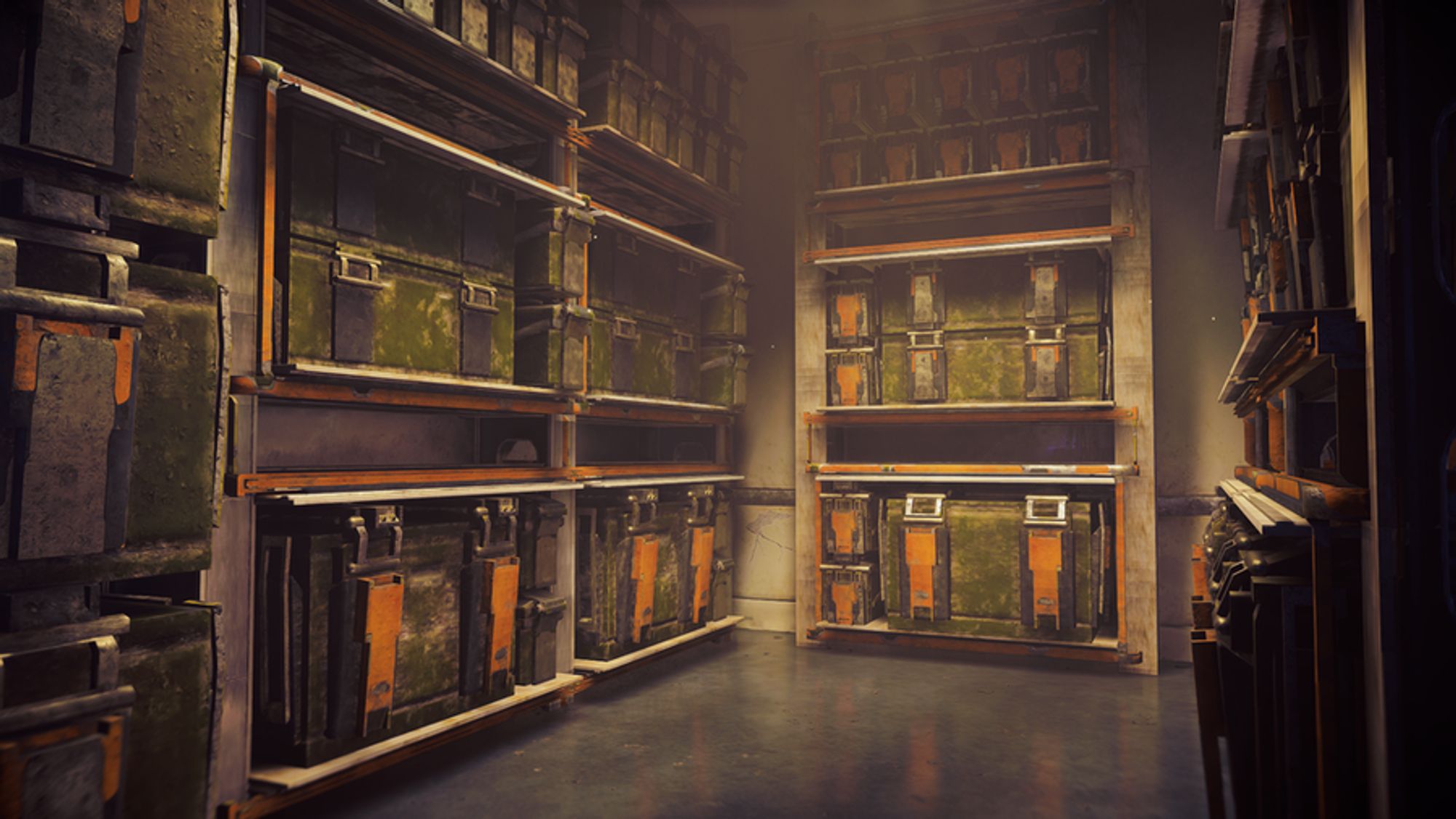 A deposit with shelves of old rectangular boxes, dusty light coming from above.