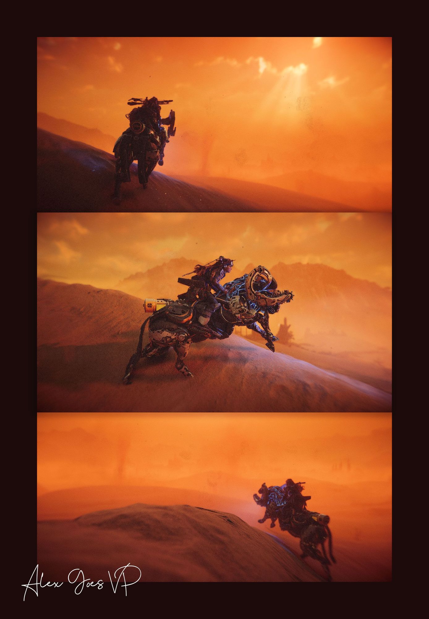 A triptych of Aloy on a Charger as she run through the desert. At the top, a view from behind, in the center a view from the side with Aloy and the Charger in the center view, at the bottom a sight from behind on the side with her charging across a dune.