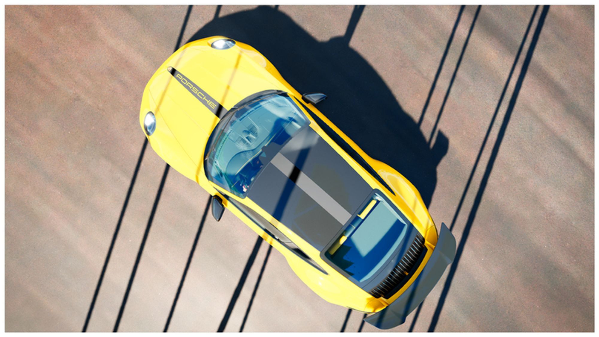 A yellow 911 Porsche seen from above, with electricity cables crossing through the image.