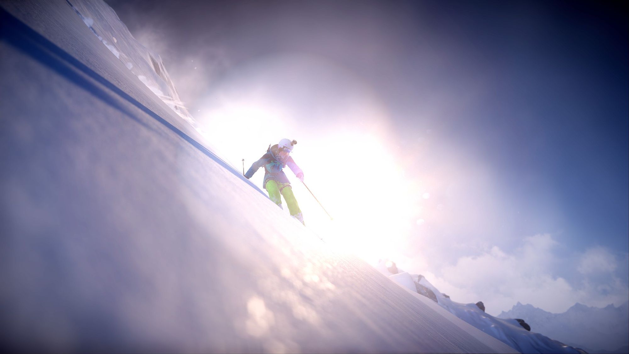 A skier skiing down a slope, with a bright sun behind, nearly swallowing her in light.