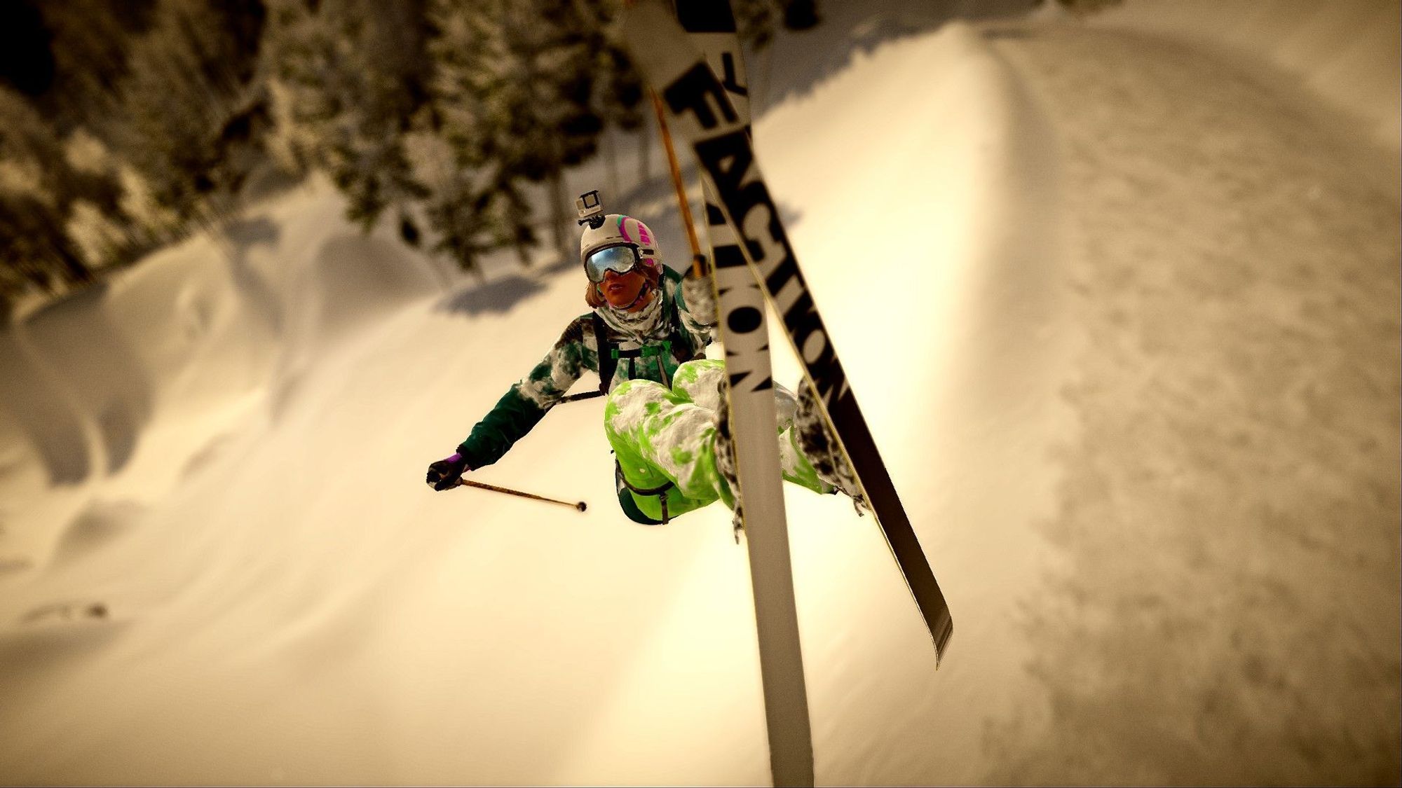 A female skier through a rotation above a snowy road holding Faction skiis out in a tweaked mute grab, all under a sepia light.