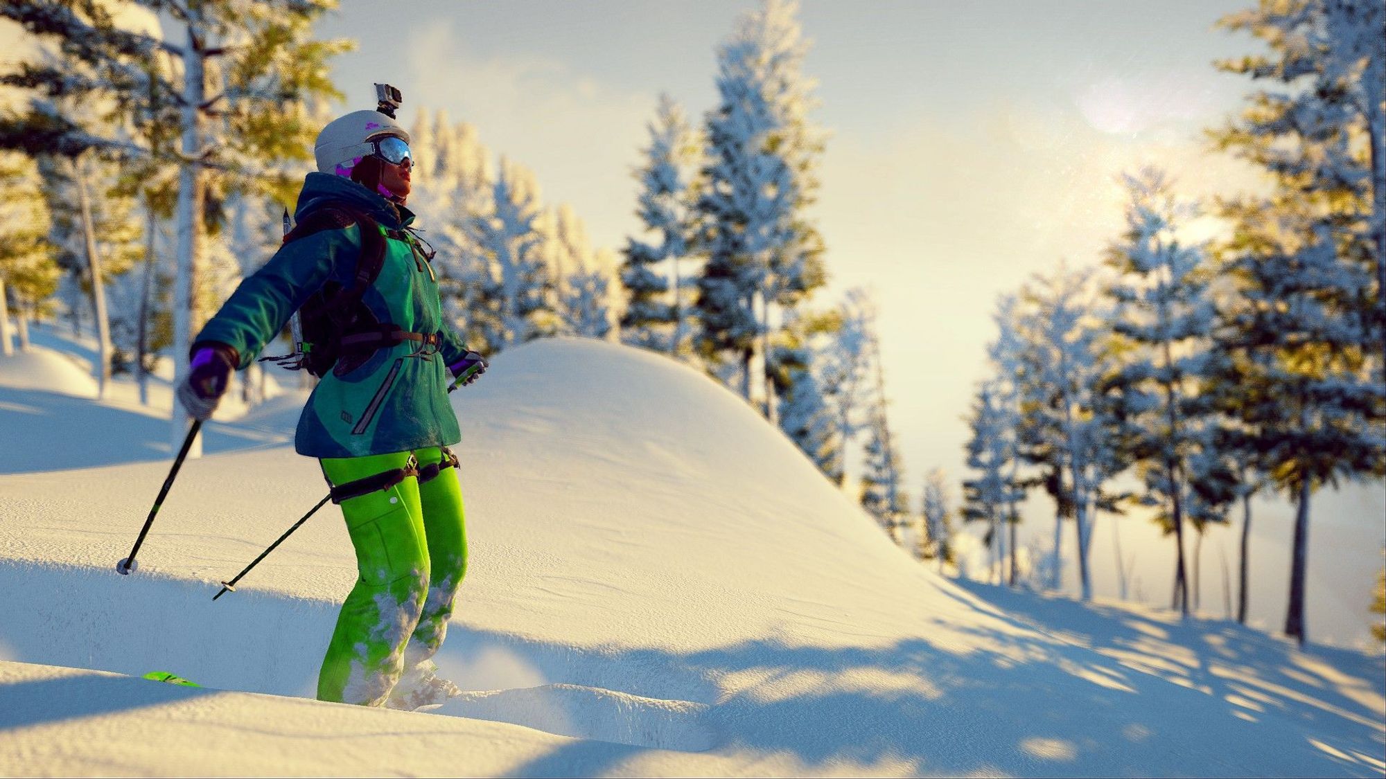 A female skier, slowly moving from left to right, arms spread to take in the last sun setting on the right between snow covered trees.