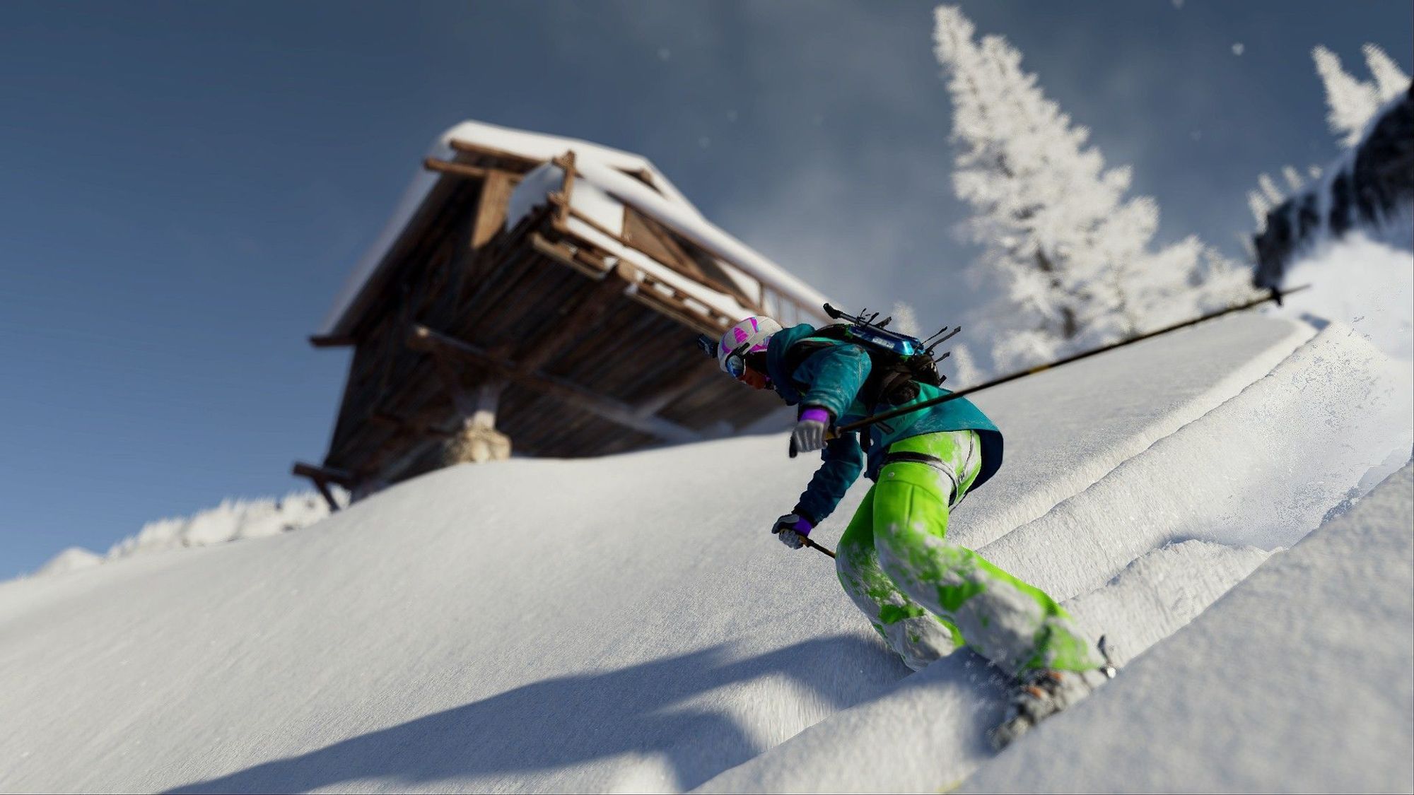 A female skier taking a turn on the side and below a wooden chalet covered in snow.