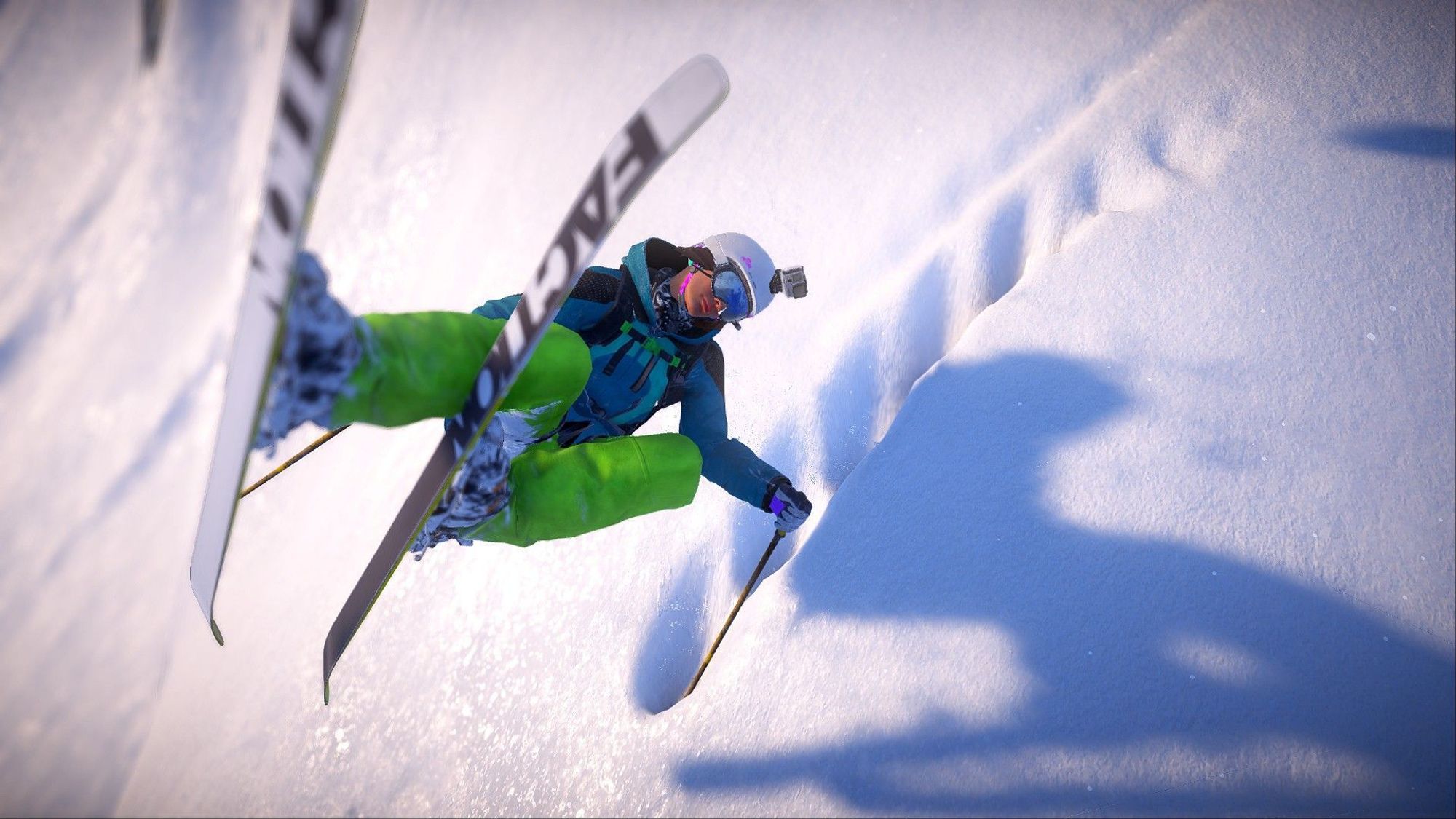 A female skier into a rodeo spin, holding a japan while the hand drags in the snow.