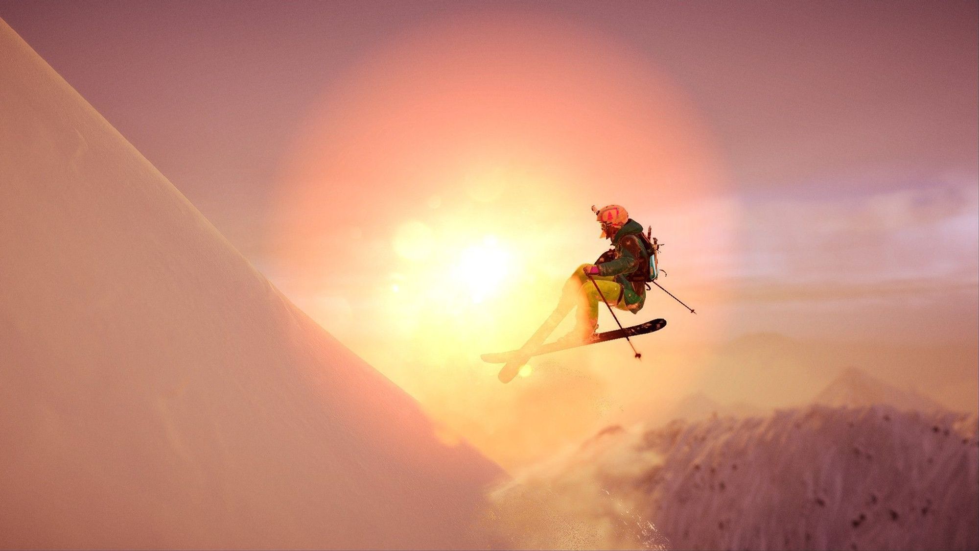 A female skier in the air holding a tail in front of a punk sunset, out of focus mountains in background.