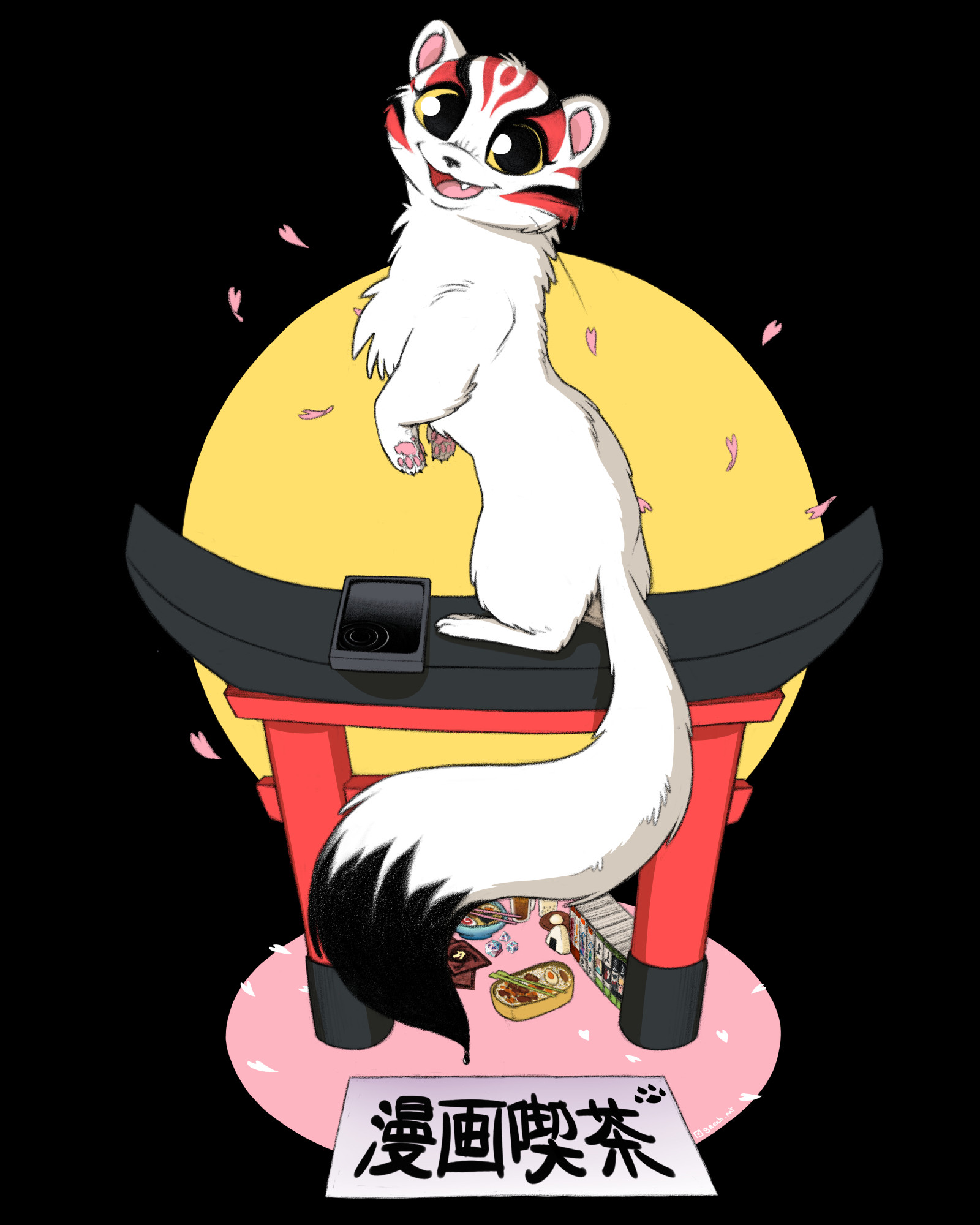 A white-furred stoat stands on its 2 back legs and it's over a torii. At the foot of the structure are a bento, a bowl of ramen, an onigiri, a moshi donuts, bubble tea, werewolf cards, a d20 and a manga collection. The floor is a flat, round rose, with white cherry petals to break up the monochrome. Finally, the stoat uses its tail as a brush to write in ink "manga cafe" in Japanese.