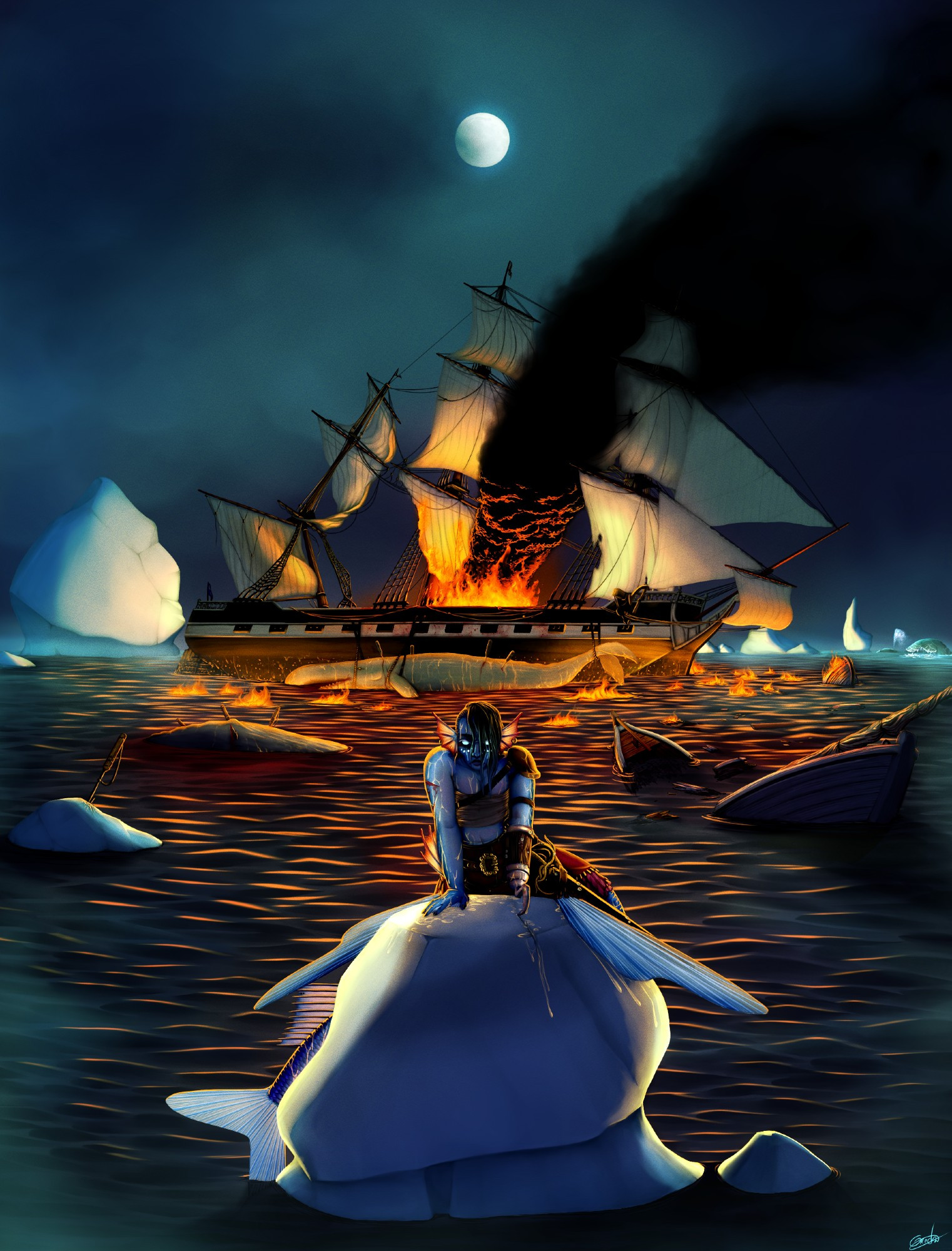 On the night of a full moon, in the sea of moving ice, a whaler is on fire. As it dangerously capsizes, one of its 3 masts is broken and a sail begins to burn. 

The galleon also picked up a dead sperm whale, with harpoons stuck in its body and attached by ropes. Another sperm whale carcass floats to the surface, a little further towards the foreground than the previous one. At the same level are the remains of a whaleboat, slowly sinking to the bottom. 

Finally, a mermaid pirate (her lower body resembles a flying fish) stands in the foreground, turning her back on the carnage with a serious look on her face.

She is standing on a small iceberg, her hook having made a small crack on it.