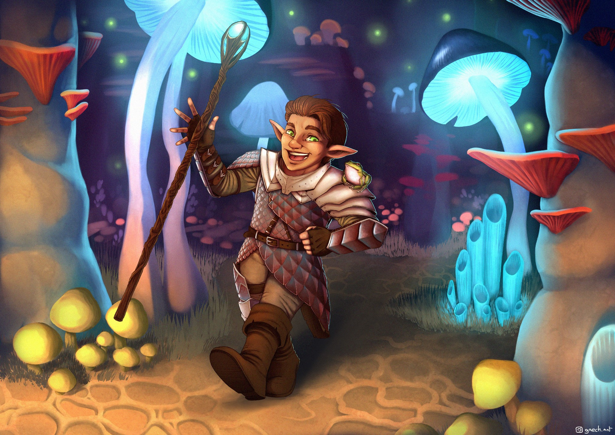  Illustration of a gnome in basilisk scale armour, holding a magic staff in his right hand and a frog on his left shoulder. Turlutin is happily traversing an underground landscape, filled with mushrooms of various sizes, some of which glow with a faint bluish light.