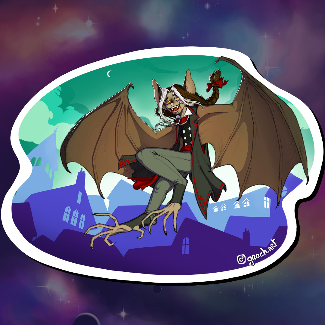  A bat-like vampire spreads its membranous wings in the night sky above a gothic city. The colours of the gay flag (shades of green and blue) compose the background.