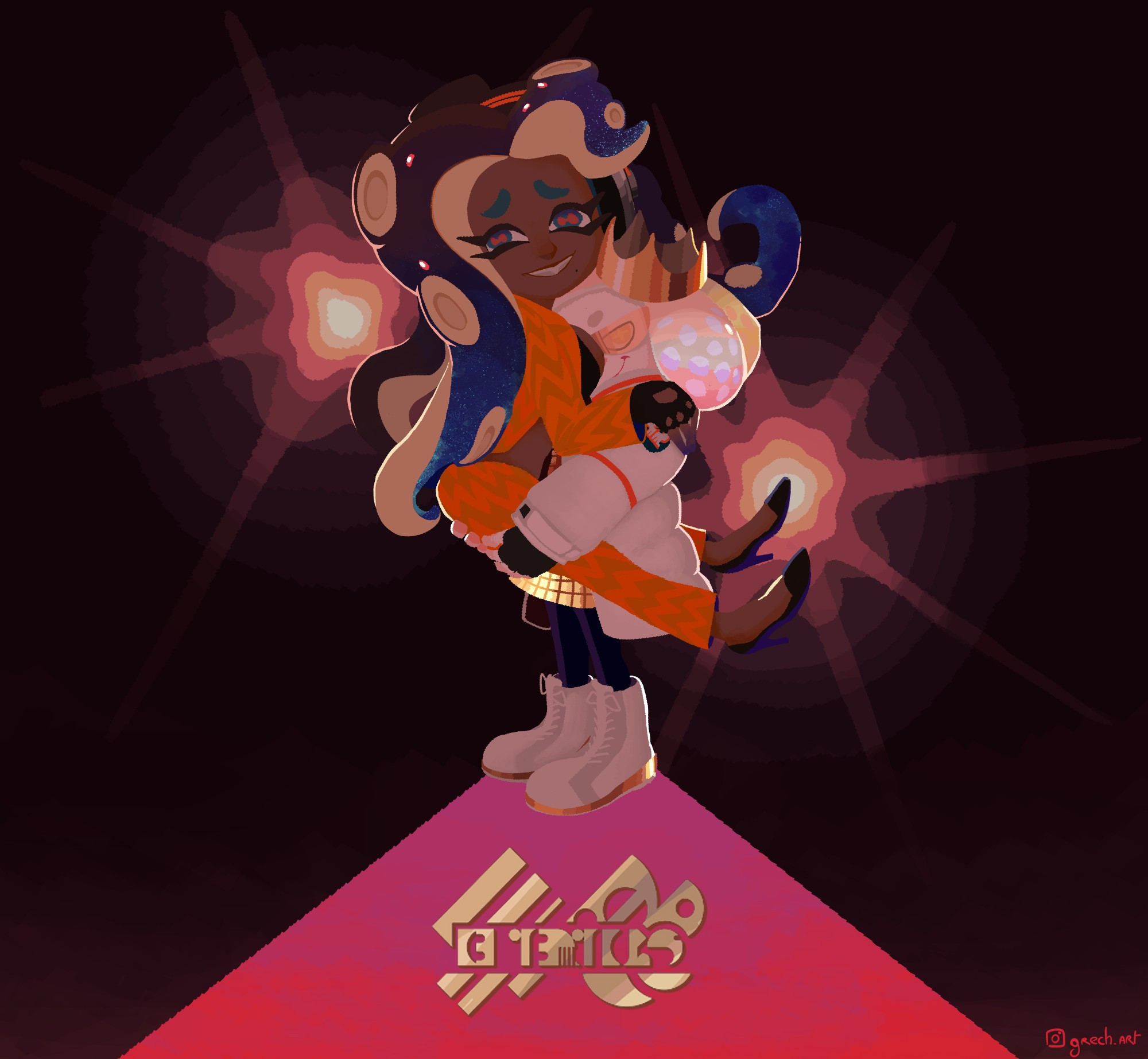 Illustration of the idols Pearl and Marina, in their Splatoon 3's outfits. Pearl (the smaller one) carries Marina (the taller one) in the same pose than taller lesbian/smaller lesbian meme. The background is dark, illuminated by 2 spotlights (with the colors of the lesbian flag) projecting a pink shadow.