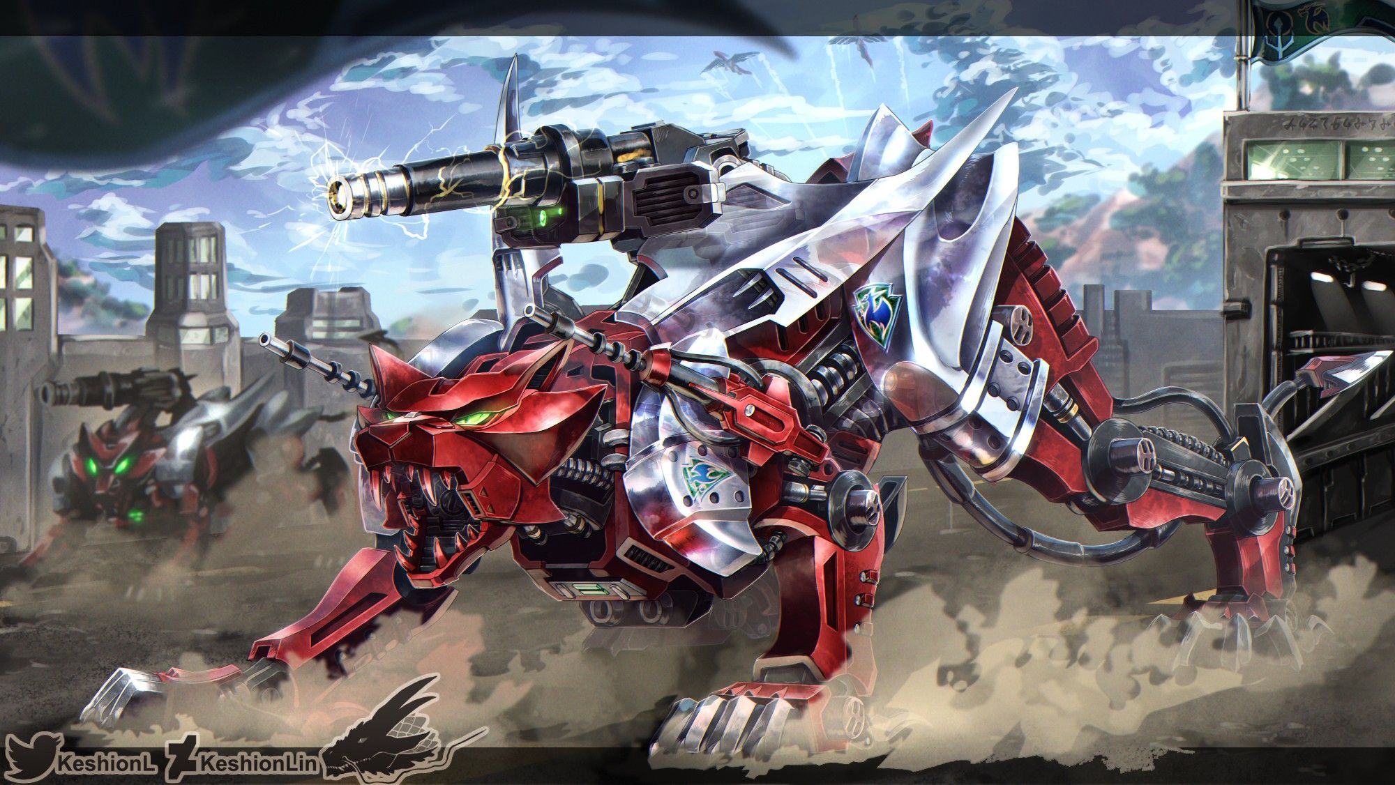 A red mecha feline with chrome silver shoulders and back armor, sliding to a stop in front of its hangar while preparing to fire its gun.