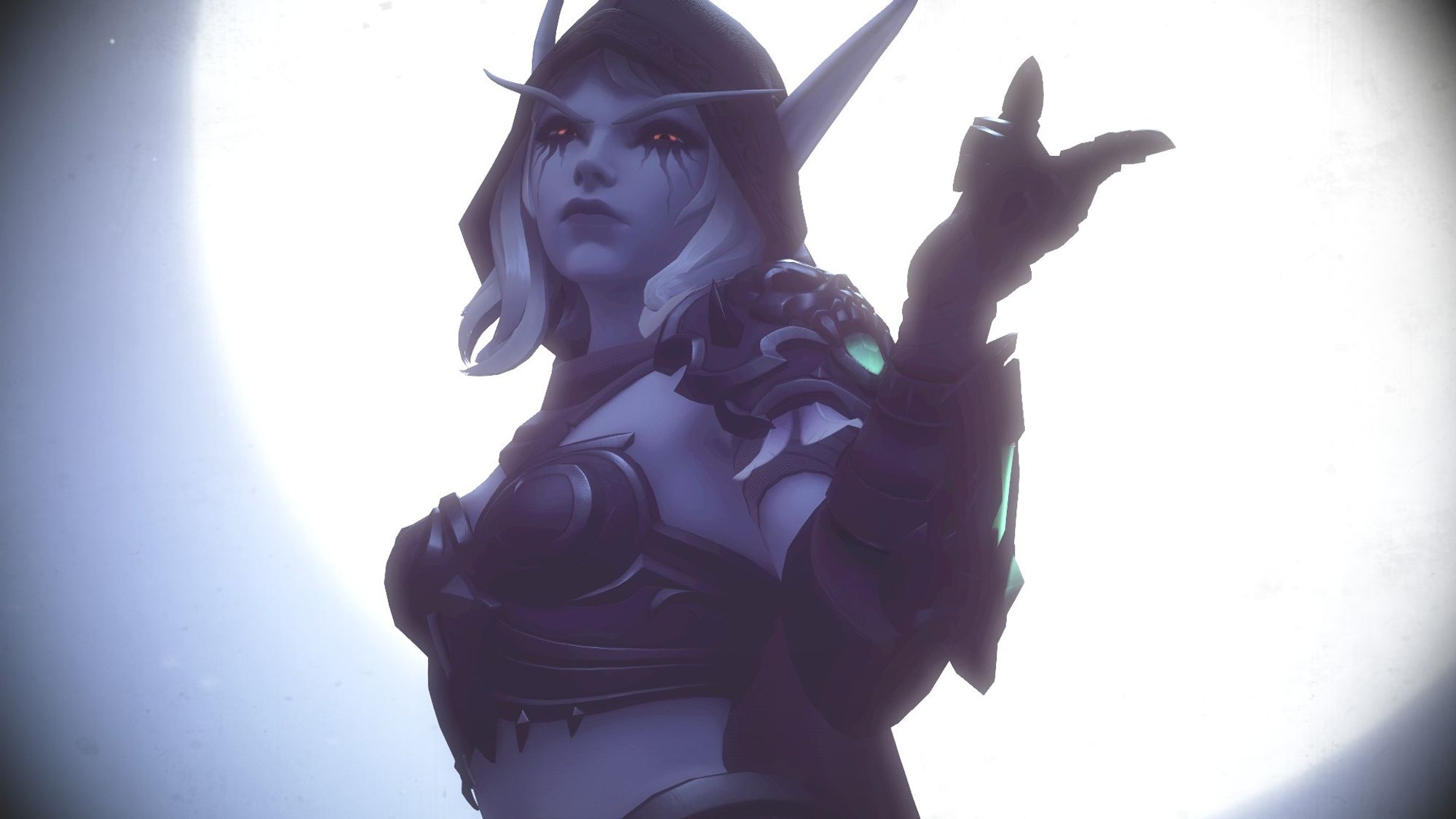 Overwatch 2 screenshot of Widowmaker - she is wearing the Sylvanas cosmetic. This is a skin that looks fairly identical to Sylvanas' from World of Warcraft. It is a purple and brown set of armor that has stylized silver detailling all throughout and is made up of a bustier top, full leggings, pauldrons with skulls on them, and a cloth hood. She also has Sylvanas' white-silver hair, long elf ears and eyebrows, and black eye makeup that looks like runny mascara. There is a massive moon behind her that is giving her a luminous glow. She's holding up her finger, pointing at the camera with a sneer.