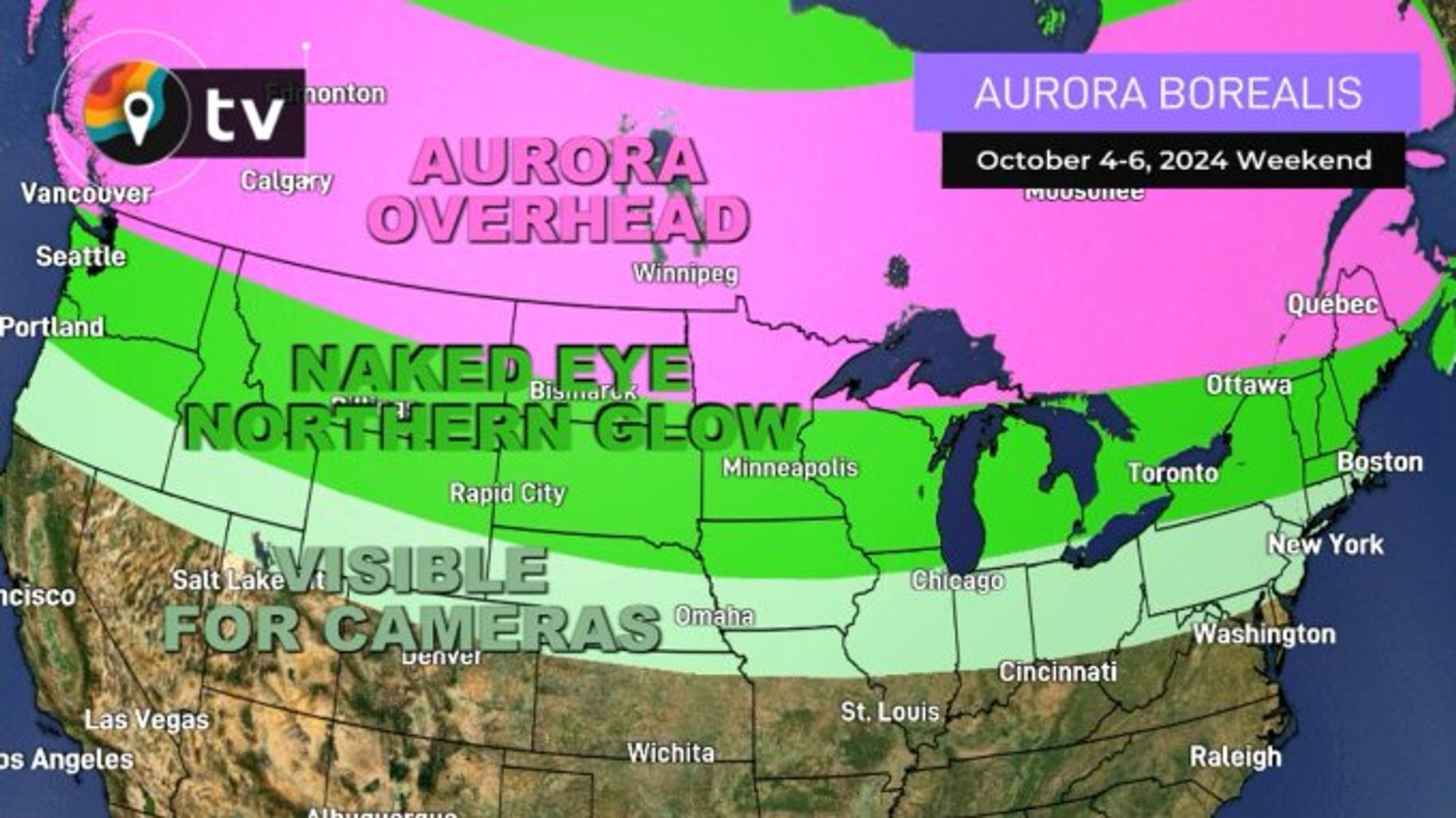 Image from MyRadarWeather on Twitter of a map of the upper United States/Canada. There are colored bands indicating visibility of this weekend's aurora borealis, which is this weekend from October 4-6th. "Aurora Overhead" is banded in pink and covers a good chunk of the southern half of Canada, dipping as far into the top of Minnesota, US along North Dakota and into Montana. A neon green band labelled as "Naked Eye Northern Glow" is on either side of that pink band, so along the Arctic Circle in Canada, and in the US, a band that stretches across, starting from Washington (where it is wide from Vancouver to the bottom of Portland), across the US to Michigan, most of the upper Midwest, Toronto, Ottowa, most of NY, New England (except for Connecticut and RI), and then into Maine and Nova Scotia.) Below that is a mint green band that is labelled as "Visible for Cameras" is a thinner line that is most of Oregon, stretches across bottom of Idaho, Wyoming, Nebraska, Iowa, and across East.