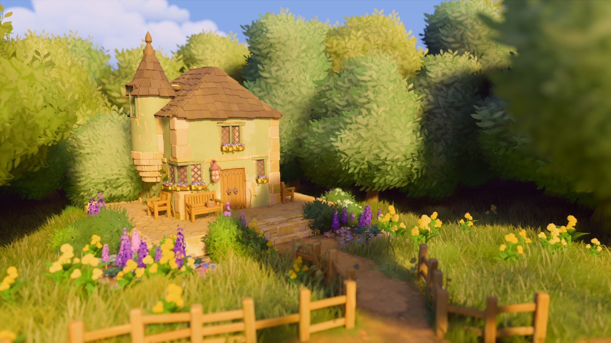 Tiny Glade screenshot of a pistachio green village with a tower butting out of the left side of it. It is sitting on a stone patio, with wooden benches on either side of a front corner. There's lush flowers dotting the yard and along the patio, with a dirt path flanked by wooden fencing. Every window has a flower box.