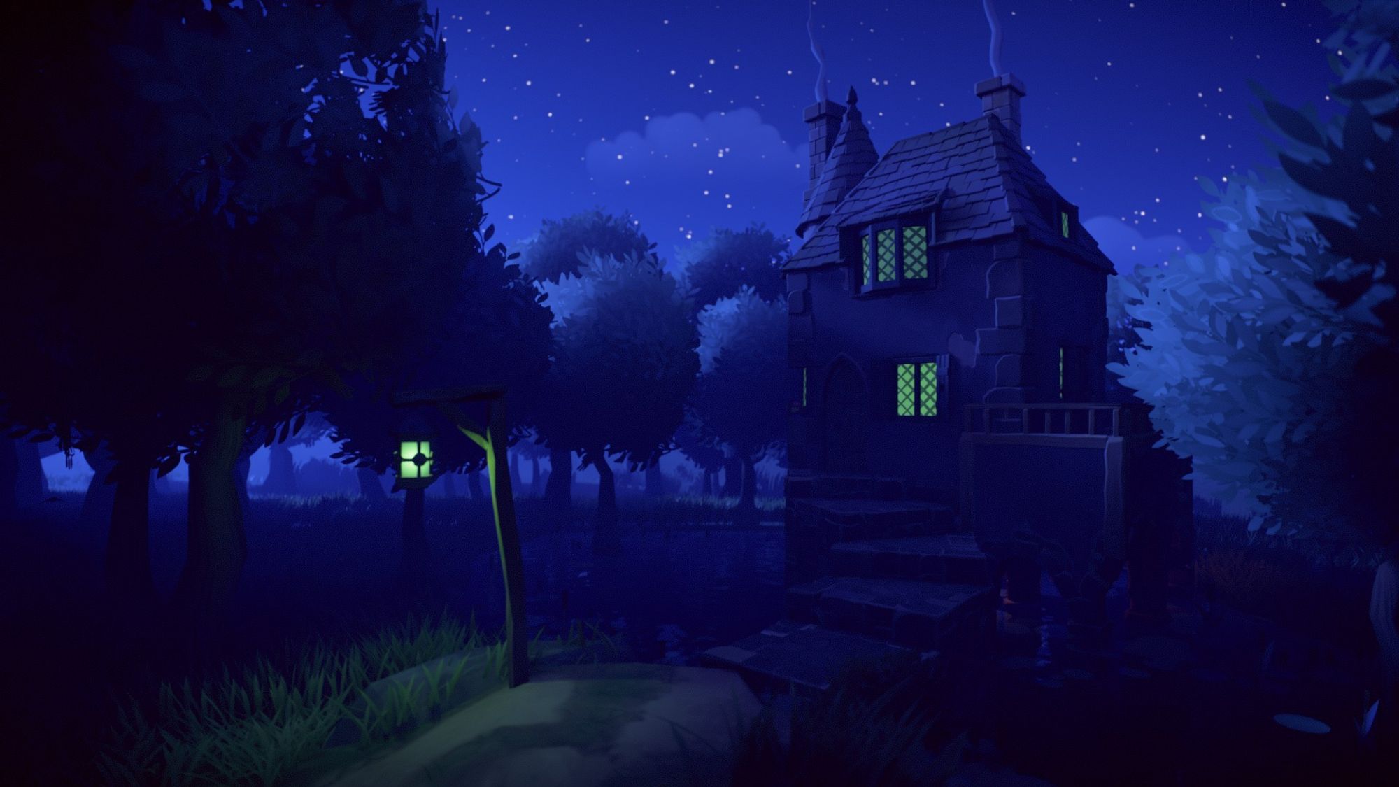 Tiny Glade screenshot of a very spooky witch house. Everything is in mysterious shades of blue and green, and it shows a tall, stone house sitting in a swamp. There are long, flat stairs curving up to the door, and all of the windows are glowing green with an eerie light.