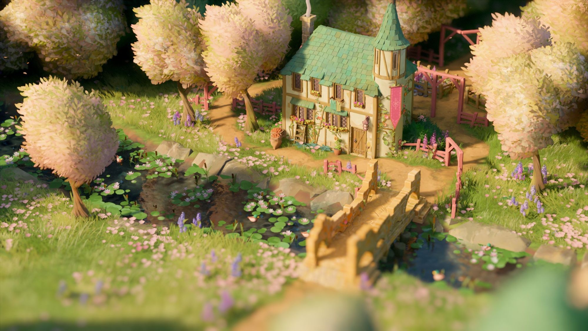 Tiny Glade screenshot showing a tiny Tudor-style house with wooden panel trim and a tiny tower. The roof is green shingling, and the walls are white. There's tons of flowers and ivy growing on everything and the air and light are light and spring-y. Pastels everywhere. There's a tiny stone bridge with yellow stones over a tiny creek with lots of lilypads.