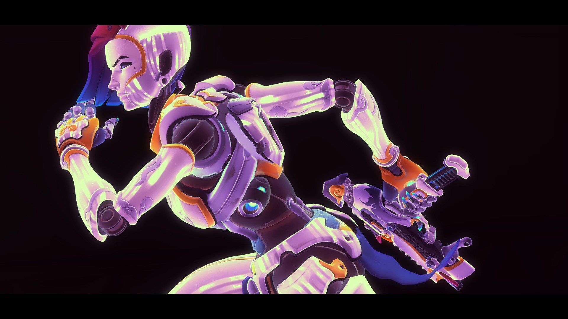 Screenshot of Sombra from Overwatch in her Marionette skin, in a running pose from the side. She is in stealth making her white robotic skin purple with binary running down it.