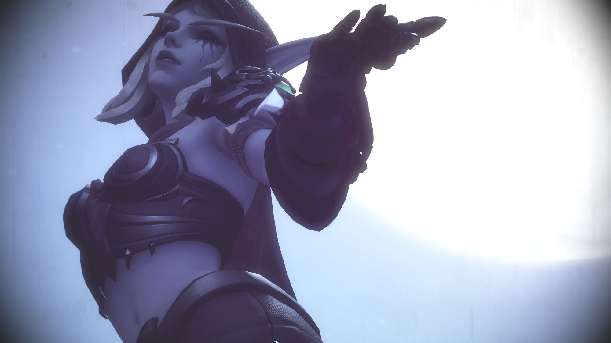 Overwatch 2 screenshot of Widowmaker - she is wearing the Sylvanas cosmetic. This is a skin that looks fairly identical to Sylvanas' from World of Warcraft. It is a purple and brown set of armor that has stylized silver detailling all throughout and is made up of a bustier top, full leggings, pauldrons with skulls on them, and a cloth hood. She also has Sylvanas' white-silver hair, long elf ears and eyebrows, and black eye makeup that looks like runny mascara. There is a massive moon behind her that is giving her a luminous glow. She is looking off camera, eyes closed, and holding her arm and hand up in a way that looks like she is holding something up for show and tell.