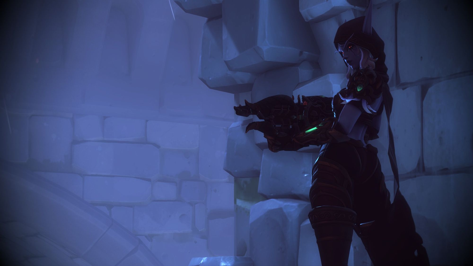 Overwatch 2 screenshot of Widowmaker - she is wearing the Sylvanas cosmetic. This is a skin that looks fairly identical to Sylvanas' from World of Warcraft. It is a purple and brown set of armor that has stylized silver detailling all throughout and is made up of a bustier top, full leggings, pauldrons with skulls on them, and a cloth hood. She also has Sylvanas' white-silver hair, long elf ears and eyebrows, and black eye makeup that looks like runny mascara. She is turning back to look over her left shoulder and we're behind her. It is dark and she's standing in a broken down part of the castle, deep below. Her gun is up, ready to shoot.